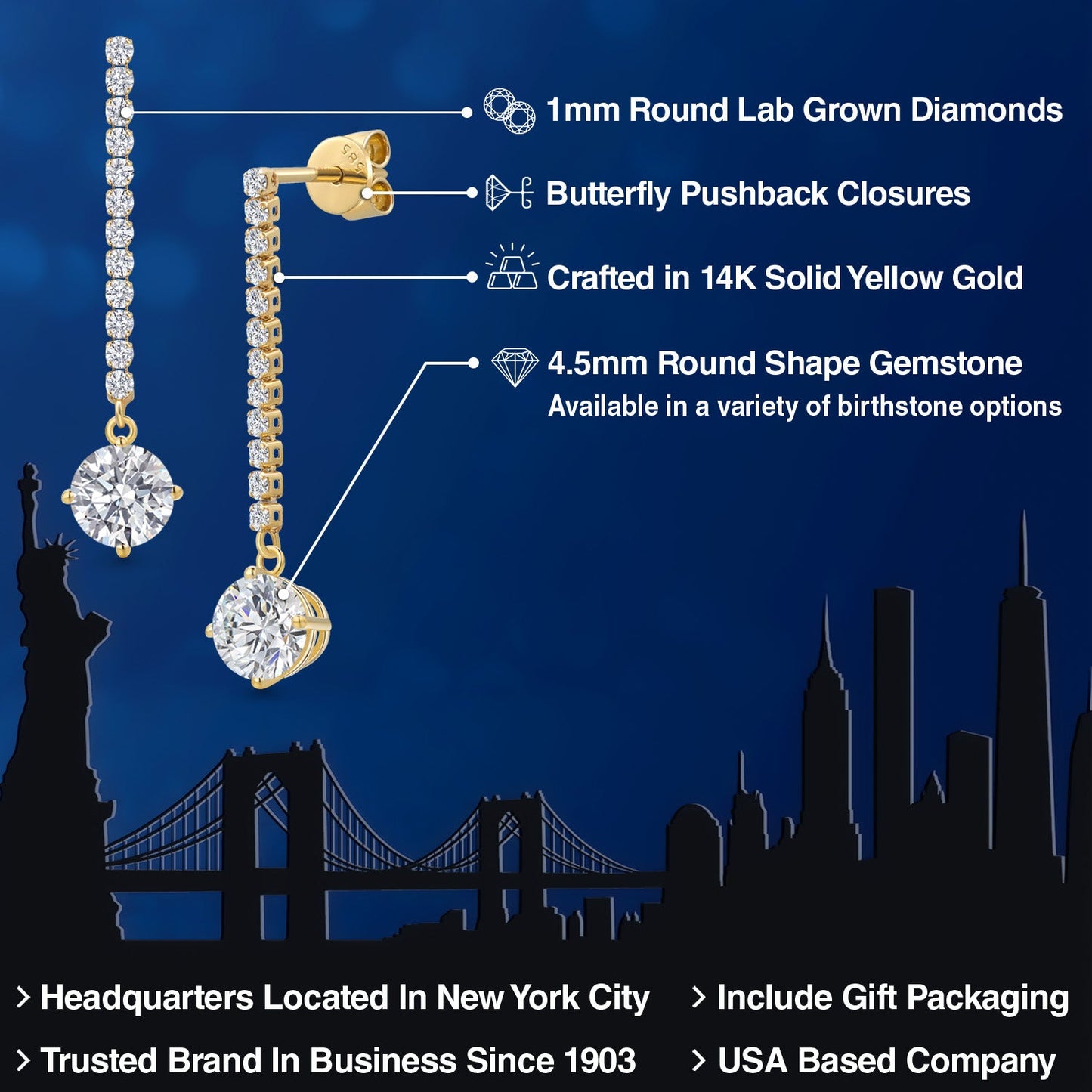 14K Yellow Gold Gemstone Birthstone and White Lab Grown Diamond Long Liner Dangle Earrings for Women | Round 4.5MM | Yellow Gold Chain Drop Earrings