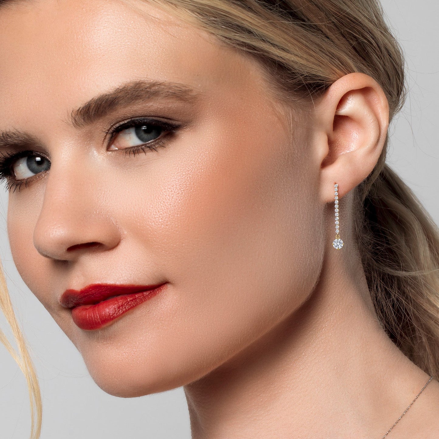 14K Yellow Gold Gemstone Birthstone and White Lab Grown Diamond Long Liner Dangle Earrings for Women | Round 4.5MM | Yellow Gold Chain Drop Earrings