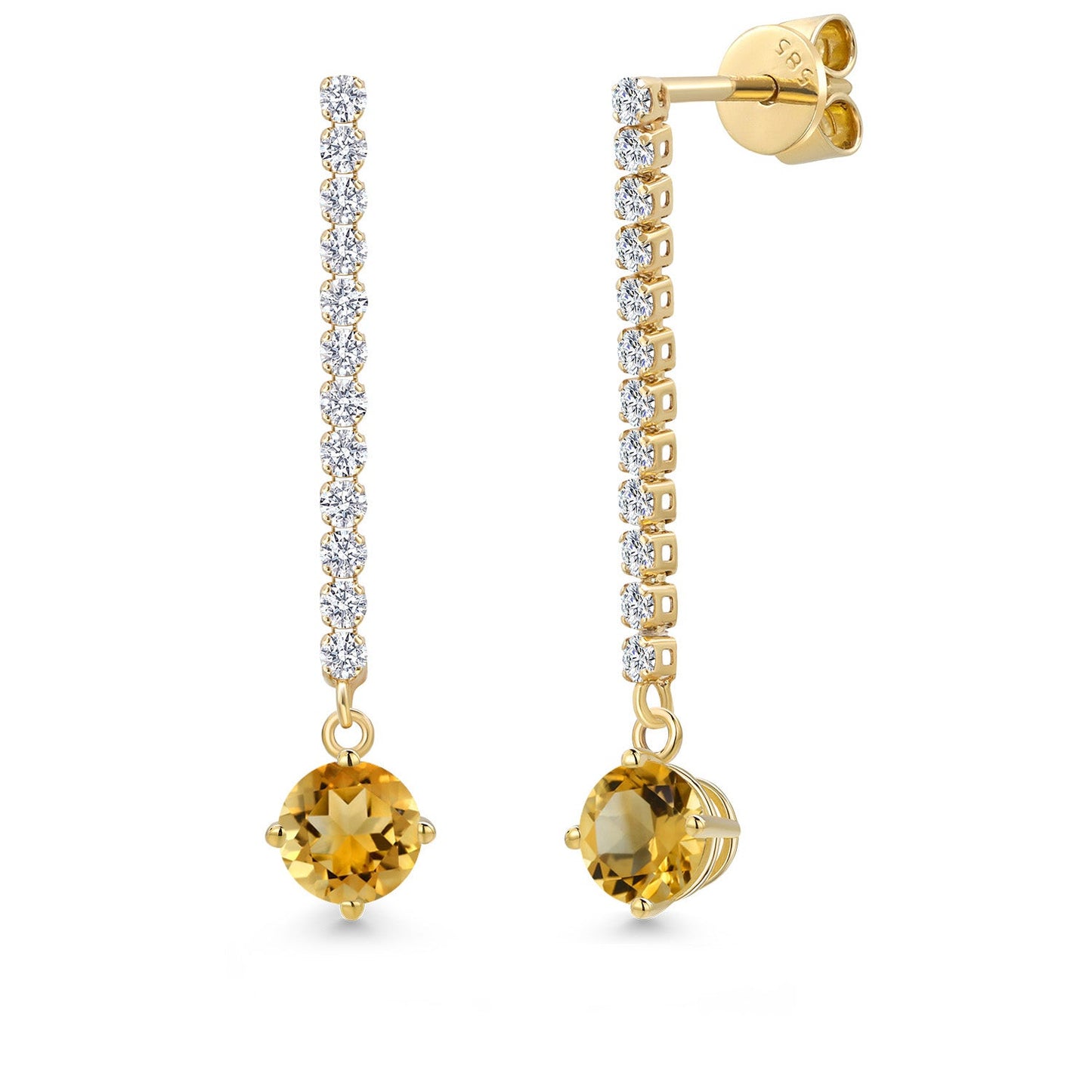 14K Yellow Gold Gemstone Birthstone and White Lab Grown Diamond Long Liner Dangle Earrings for Women | Round 5MM | Yellow Gold Chain Drop Earrings