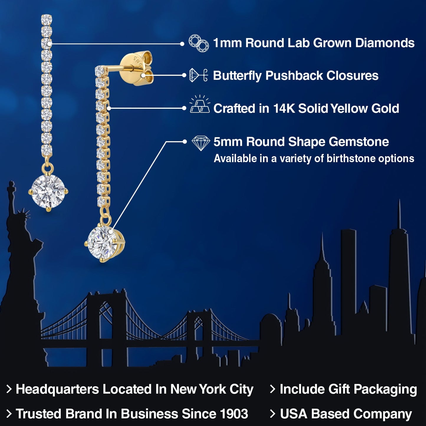 14K Yellow Gold Gemstone Birthstone and White Lab Grown Diamond Long Liner Dangle Earrings for Women | Round 5MM | Yellow Gold Chain Drop Earrings