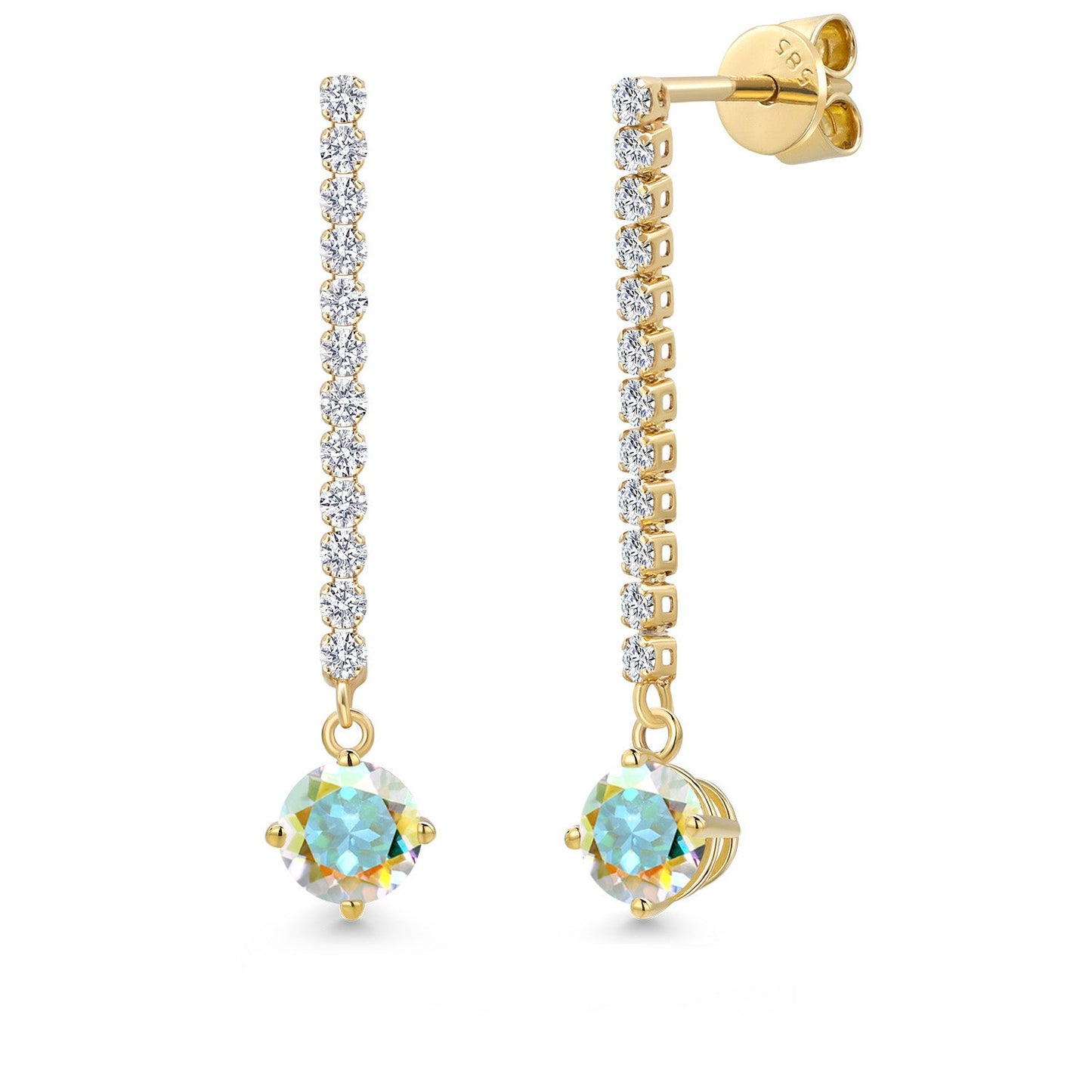 14K Yellow Gold Gemstone Birthstone and White Lab Grown Diamond Long Liner Dangle Earrings for Women | Round 5MM | Yellow Gold Chain Drop Earrings