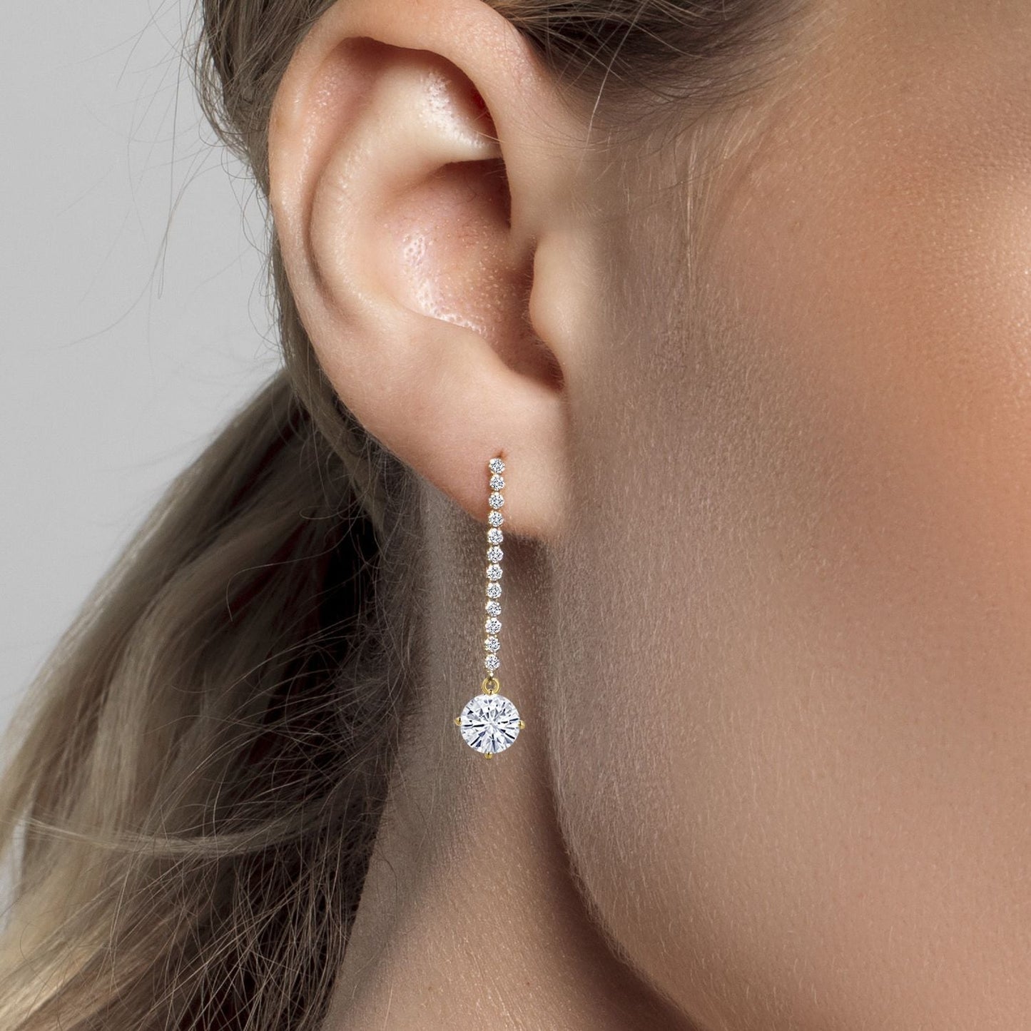 14K Yellow Gold Forever Classic Moissanite and E - F Lab Grown Diamond Dangle Earrings for Women | 1.96 Cttw | Gemstone Birthstone | Round 6MM