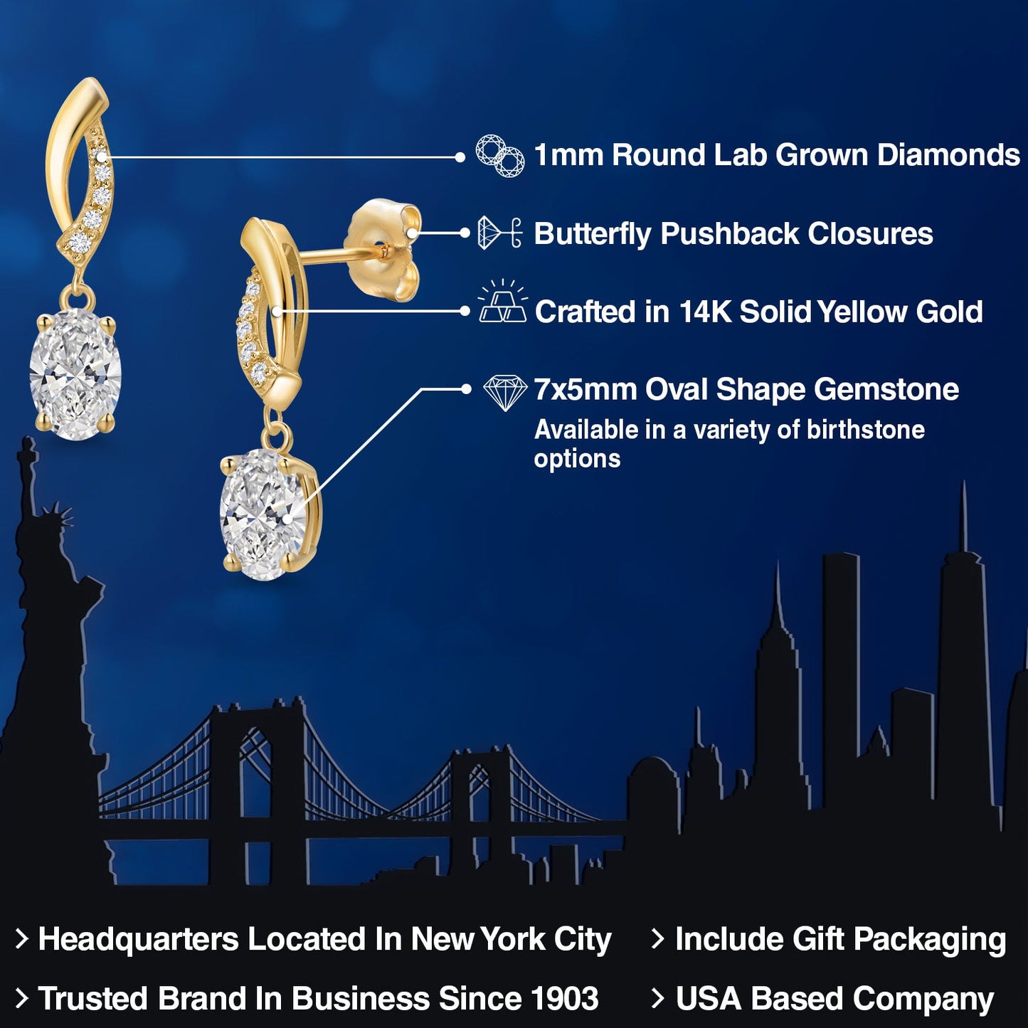 14K Yellow Gold 7X5MM Oval Cut Gemstone Birthstone and Lab Grown Diamond Dangle Earrings for Women | Fine Jewelry Gifts for Her Mom Women Wife