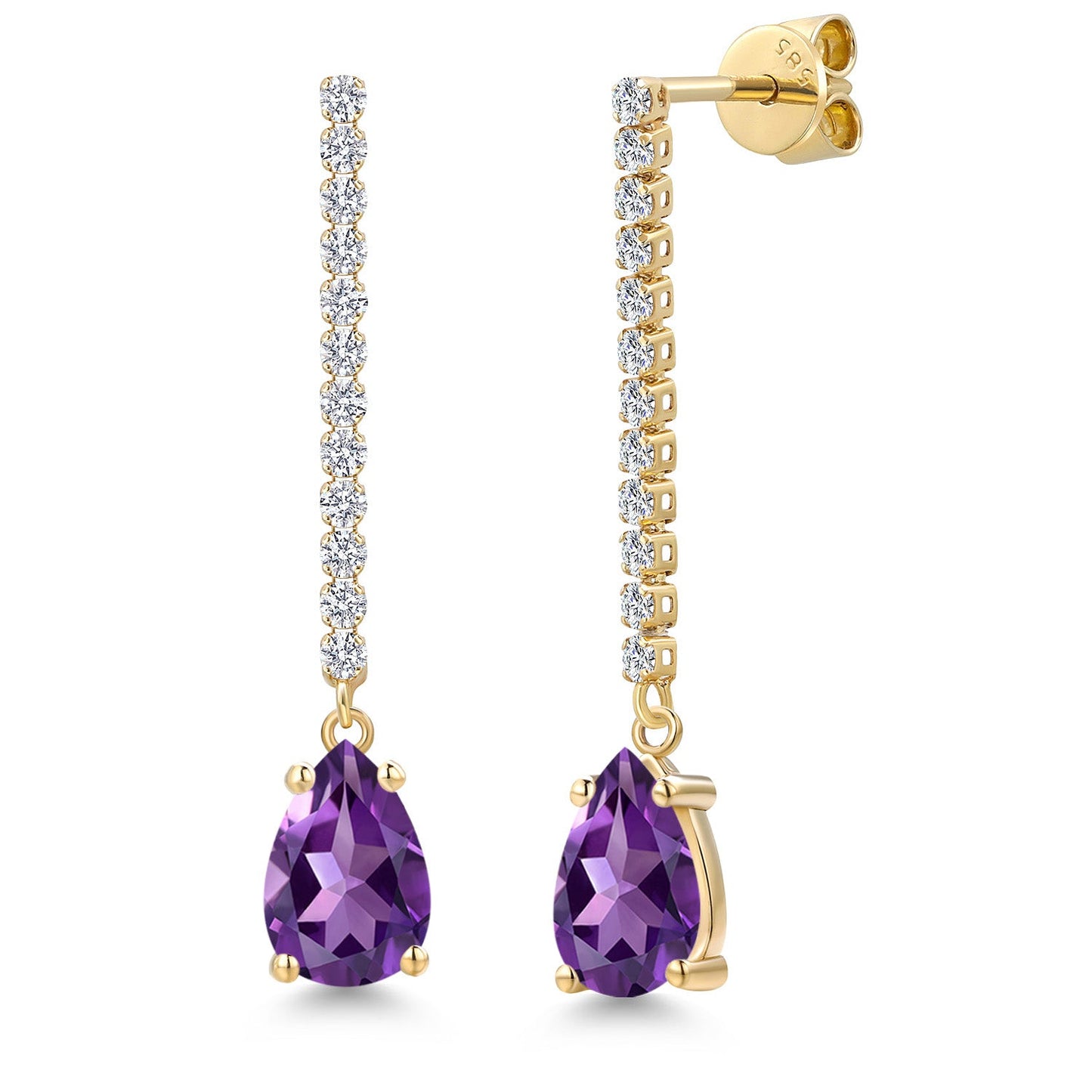 14K Yellow Gold Gemstone Birthstone and Lab Grown Diamond Long Liner Dangle Earrings for Women | Pear Shape 9X6MM and Round 1.5MM | Yellow Gold Chain Drop Earrings