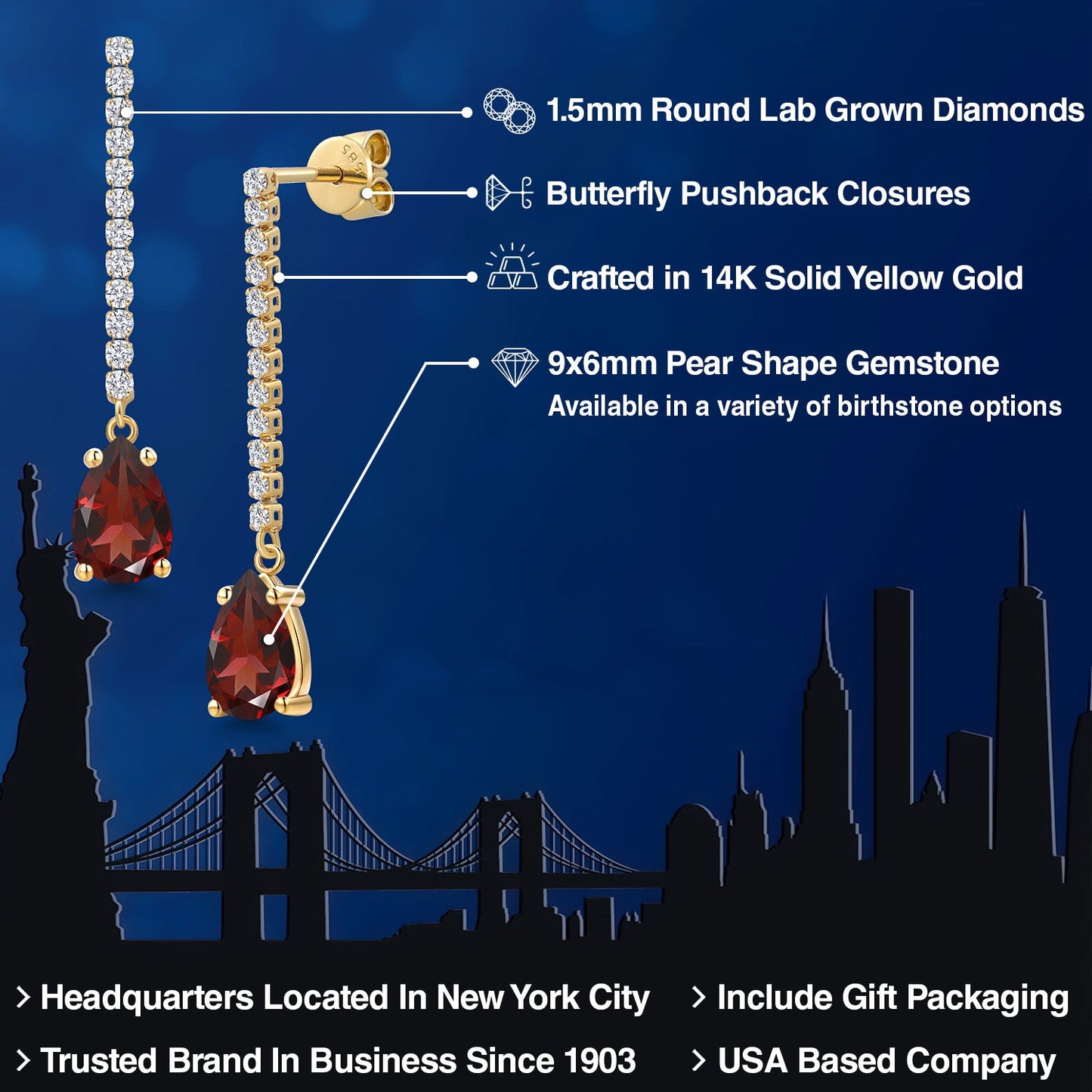 14K Yellow Gold Gemstone Birthstone and Lab Grown Diamond Long Liner Dangle Earrings for Women | Pear Shape 9X6MM and Round 1.5MM | Yellow Gold Chain Drop Earrings