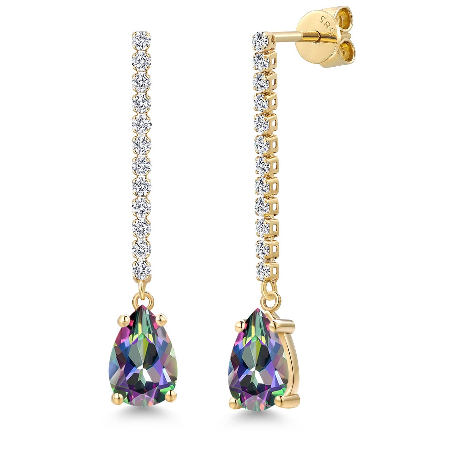 14K Yellow Gold Gemstone Birthstone and Lab Grown Diamond Long Liner Dangle Earrings for Women | Pear Shape 9X6MM and Round 1.5MM | Yellow Gold Chain Drop Earrings