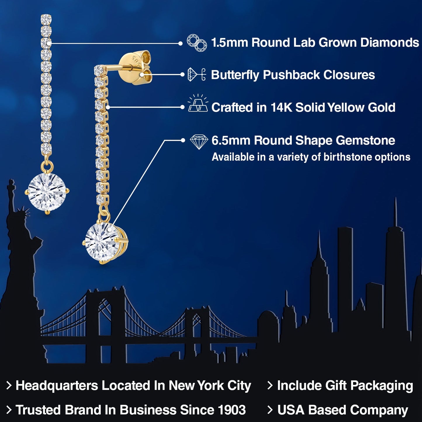 14K Yellow Gold Gemstone Birthstone and Lab Grown Diamond Long Liner Dangle Earrings for Women | Round 6.5MM | Yellow Gold Chain Drop Earrings