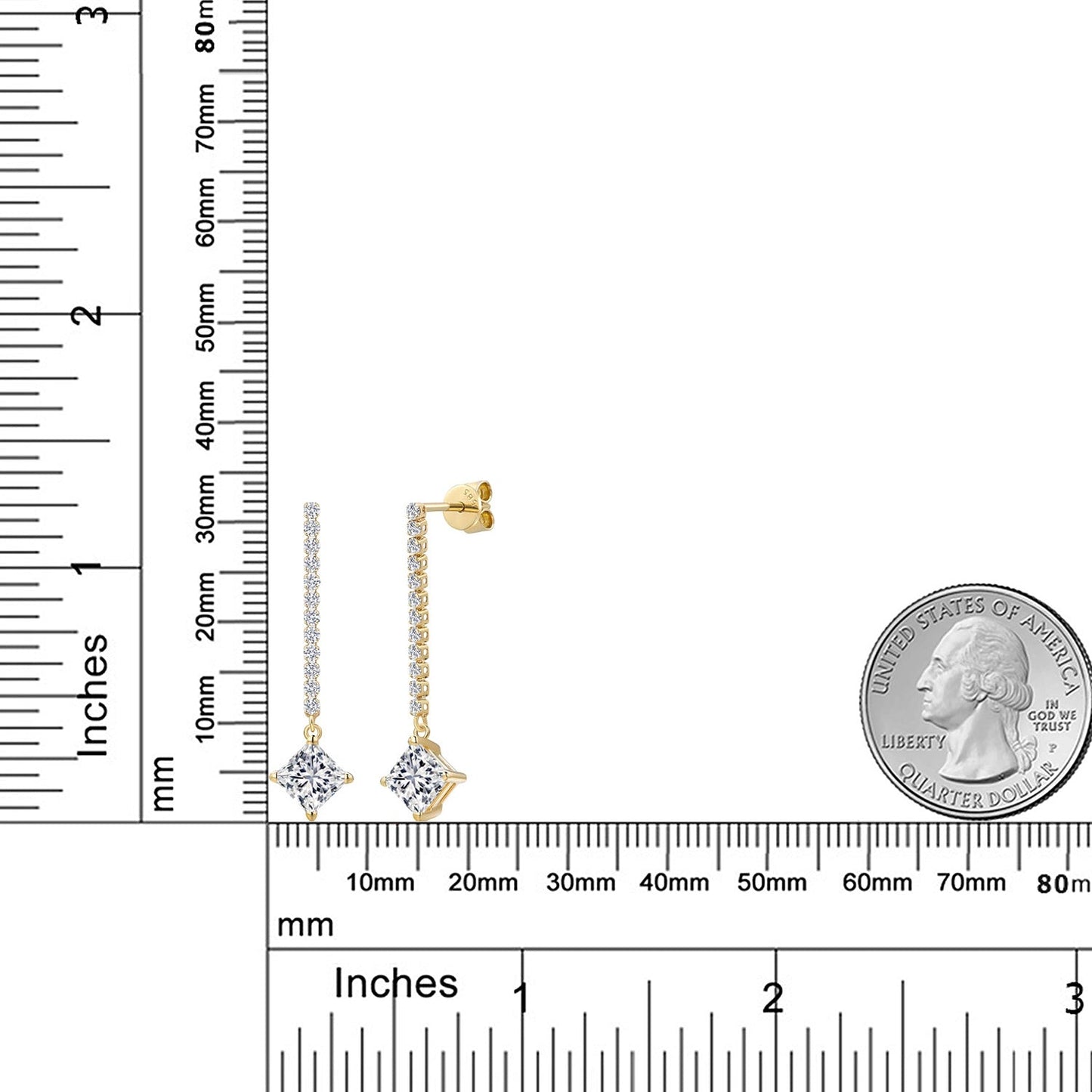 Gemstone Birthstone and Lab Grown Diamond Long Liner Drop Dangle Earrings For Women in 14K Yellow Gold | Princess Cut 6MM | Round 1.5MM | Yellow Gold Chain Drop Earrings