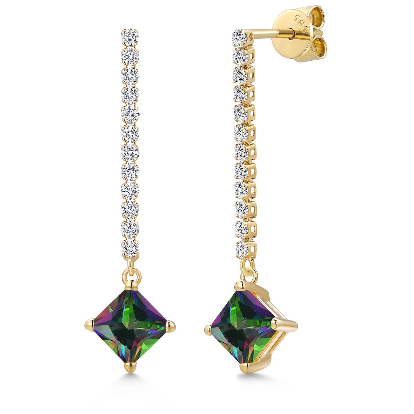 Gemstone Birthstone and Lab Grown Diamond Long Liner Drop Dangle Earrings For Women in 14K Yellow Gold | Princess Cut 6MM | Round 1.5MM | Yellow Gold Chain Drop Earrings