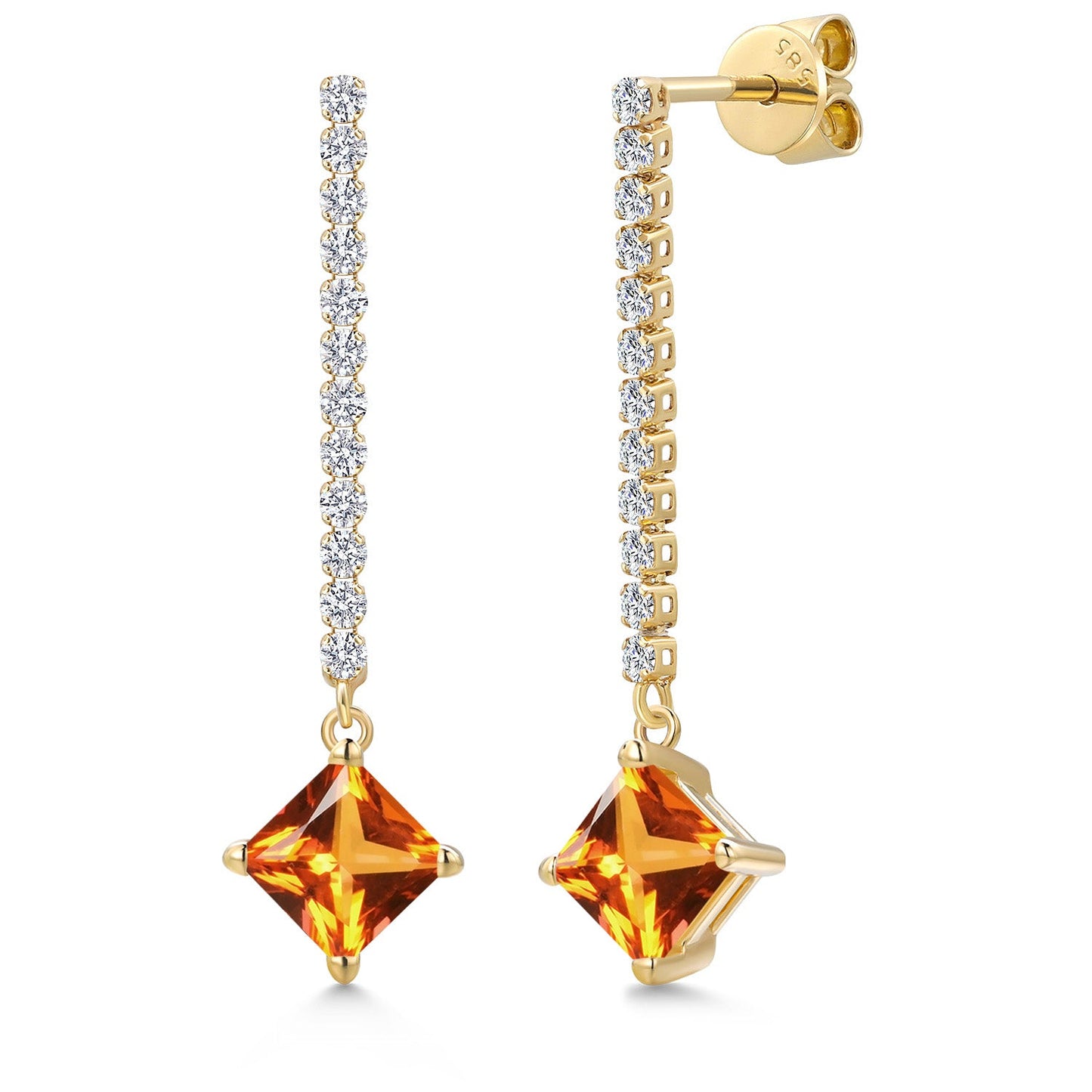 Gemstone Birthstone and Lab Grown Diamond Long Liner Drop Dangle Earrings For Women in 14K Yellow Gold | Princess Cut 6MM | Round 1.5MM | Yellow Gold Chain Drop Earrings