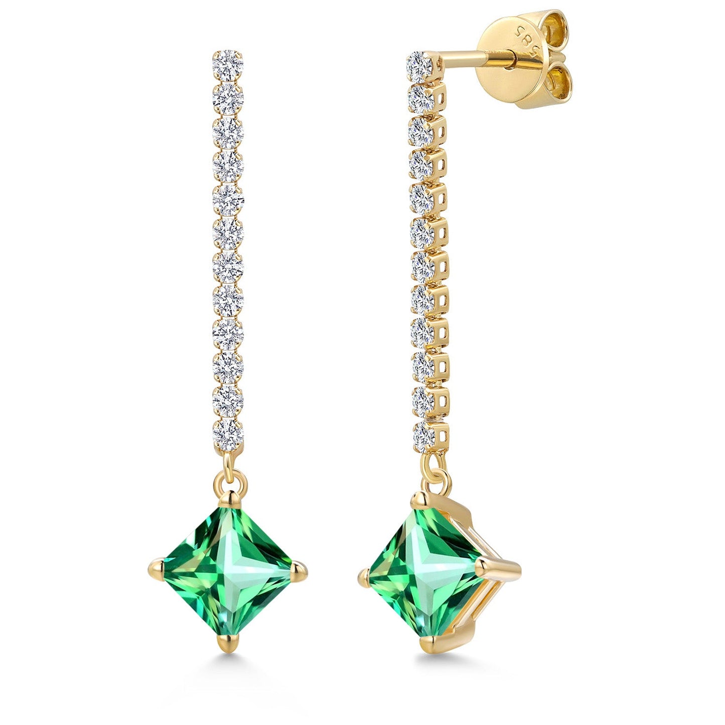 Gemstone Birthstone and Lab Grown Diamond Long Liner Drop Dangle Earrings For Women in 14K Yellow Gold | Princess Cut 6MM | Round 1.5MM | Yellow Gold Chain Drop Earrings