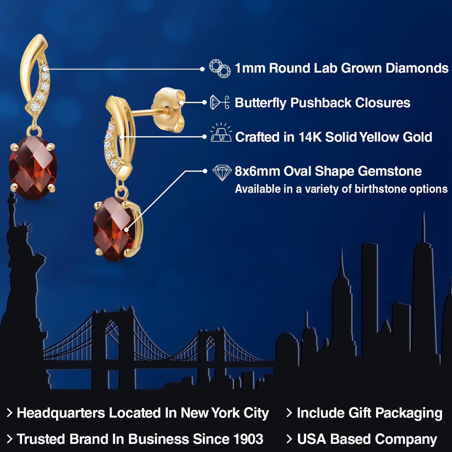 14K Yellow Gold Gemstone Birthstone and White Lab Grown Diamond Infinity Stud Dangle Earrings for Women | Oval Cut 8X6MM | Round 1MM | Fine Jewelry Gifts for Her Mom Women Wife