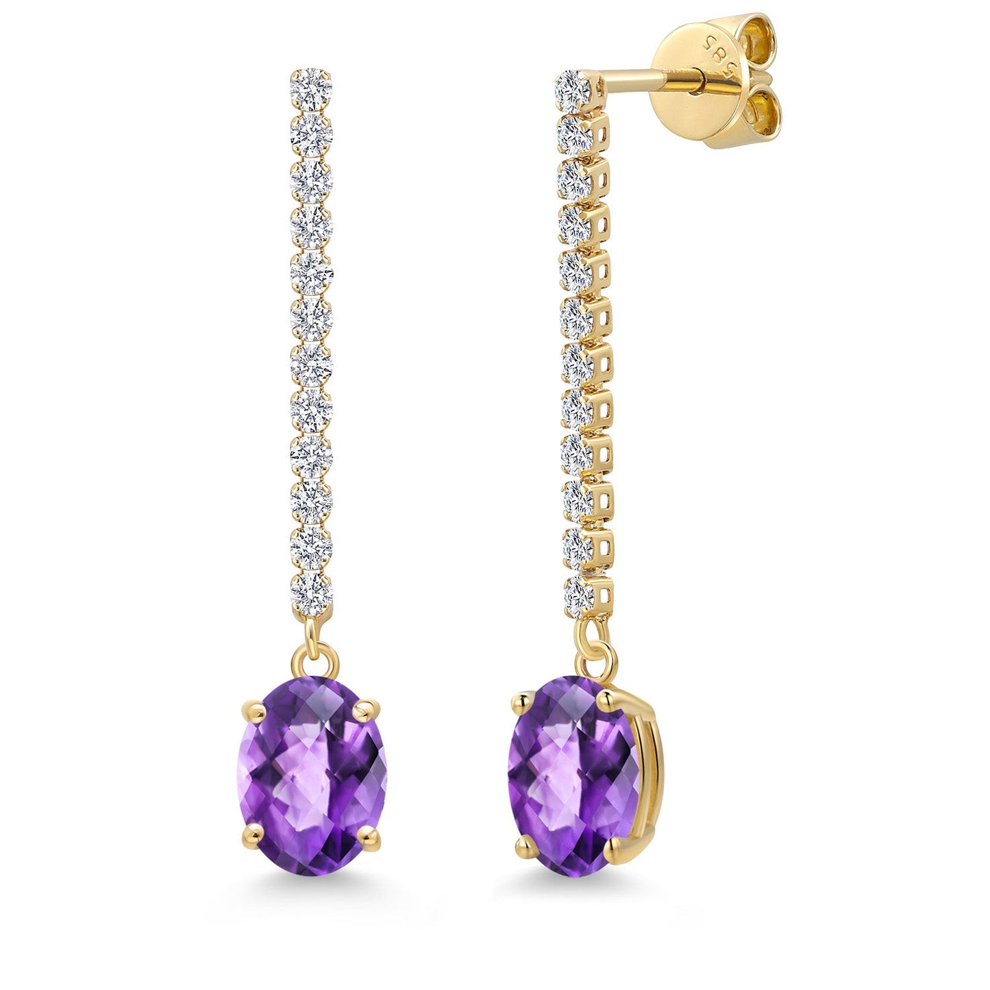 14K Yellow Gold Gemstone Birthstone and White Lab Grown Diamond Long Liner Dangle Earrings for Women | Oval Cut 8X6MM | Round 1.5MM | Yellow Gold Chain Drop Earrings