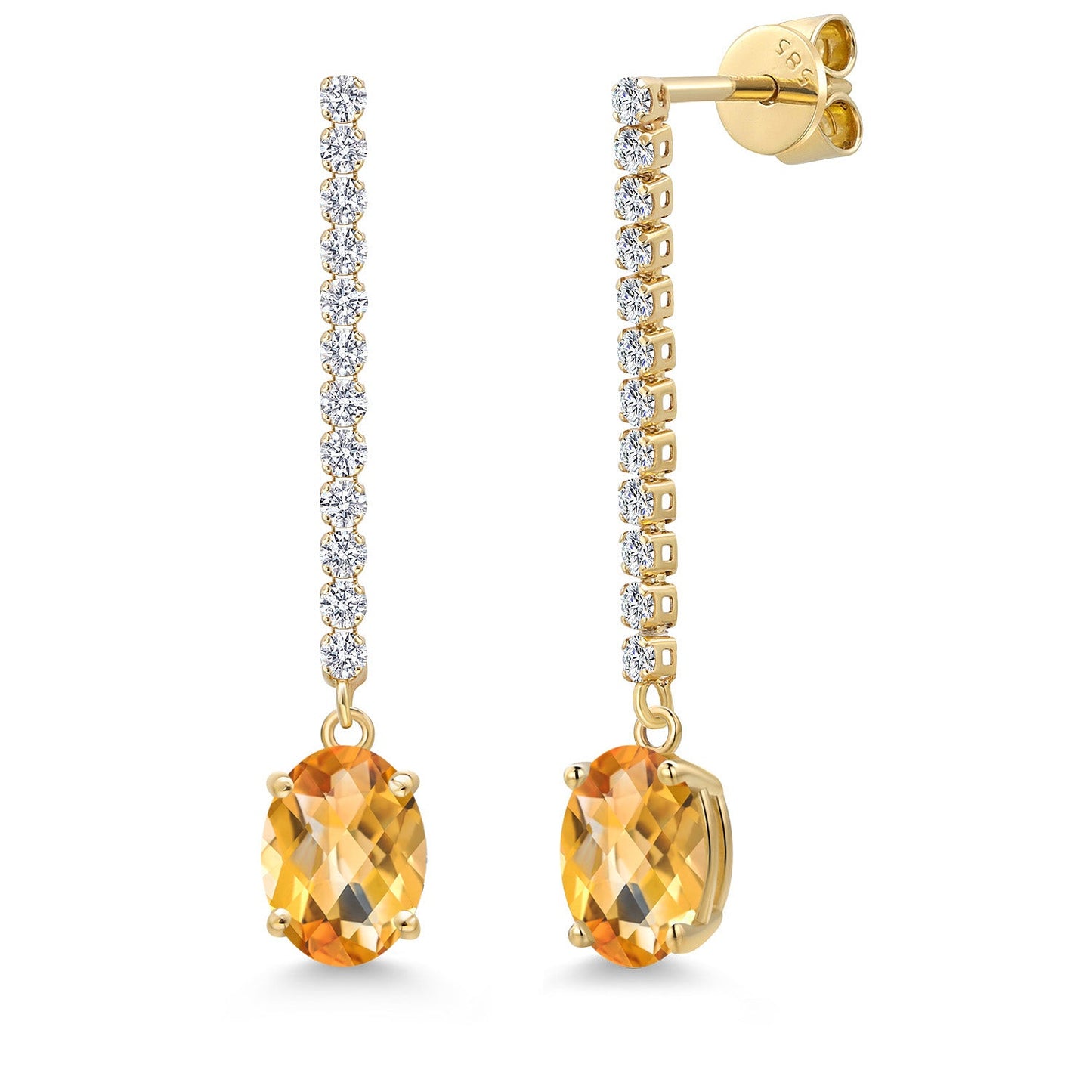 14K Yellow Gold Gemstone Birthstone and White Lab Grown Diamond Long Liner Dangle Earrings for Women | Oval Cut 8X6MM | Round 1.5MM | Yellow Gold Chain Drop Earrings