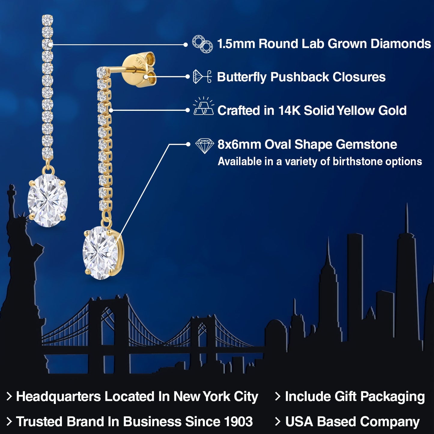 14K Yellow Gold Gemstone Birthstone and White Lab Grown Diamond Long Liner Dangle Earrings for Women | Oval Cut 8X6MM | Round 1.5MM | Yellow Gold Chain Drop Earrings