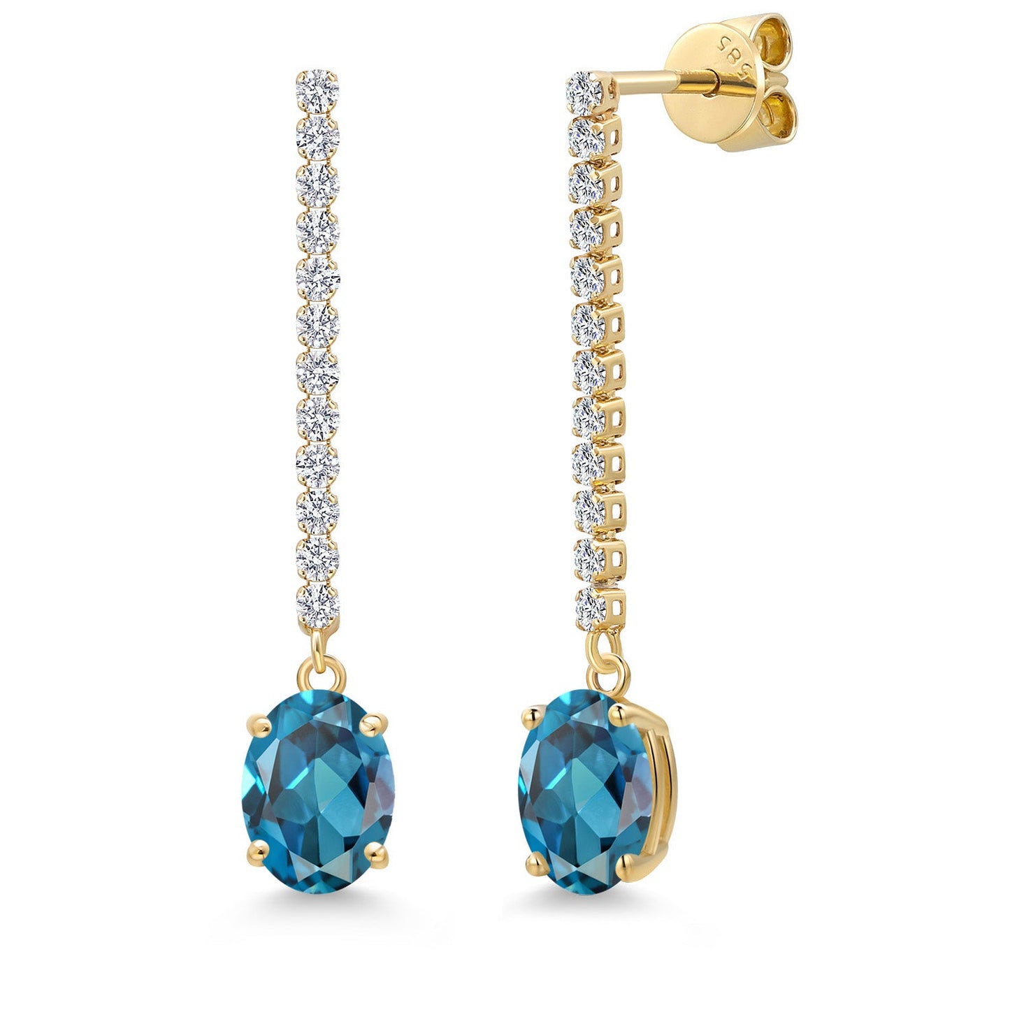 14K Yellow Gold Gemstone Birthstone and White Lab Grown Diamond Long Liner Dangle Earrings for Women | Oval Cut 8X6MM | Round 1.5MM | Yellow Gold Chain Drop Earrings