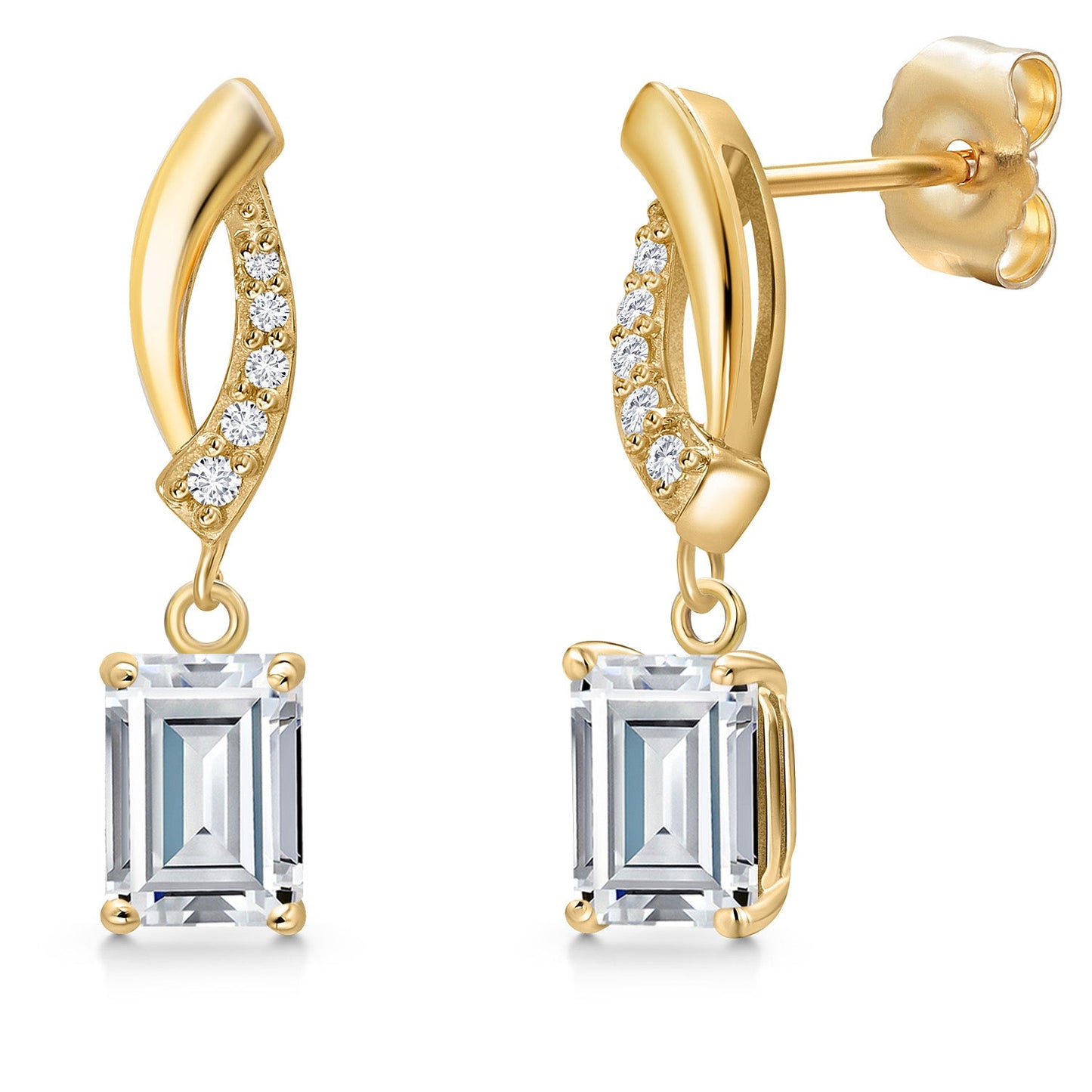 14K Yellow Gold Gemstone Birthstone and Lab Grown Diamond Dangle Earrings for Women | Emerald Cut 6X4MM and Round 1MM | Fine Jewelry Gifts for Her Mom Women Wife