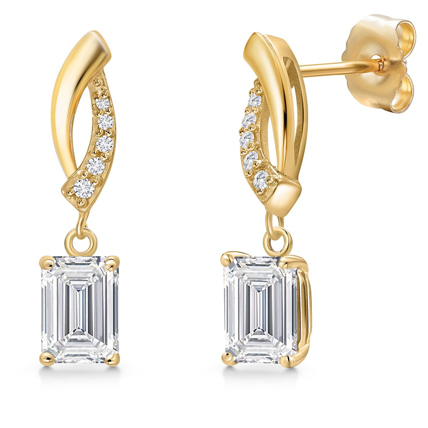 14K Yellow Gold Gemstone Birthstone and Lab Grown Diamond Dangle Earrings for Women | Emerald Cut 6X4MM and Round 1MM | Fine Jewelry Gifts for Her Mom Women Wife