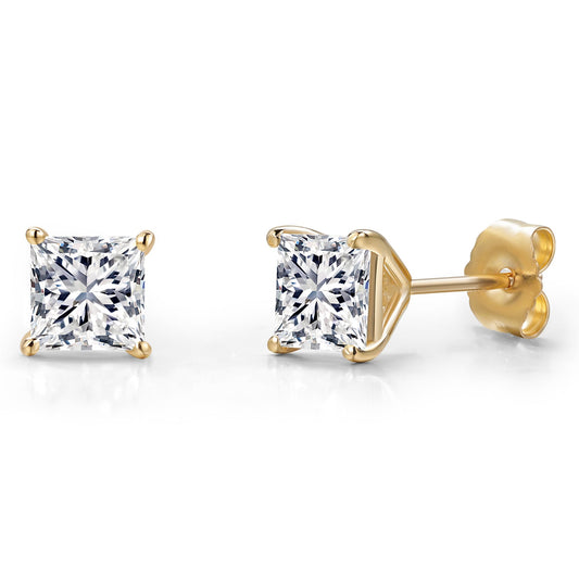 2.00 Cttw IGI Certified Lab Grown Diamond Stud Earrings For Women in 14K Yellow Gold | 1 Ct each Princess Cut | VS1-VS2 Clarity | E-F Color