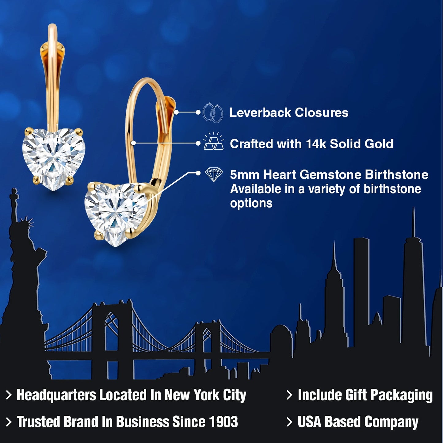 5MM Heart Shape Gemstone Birthstone Leverback Earrings for Women In 14K Yellow Gold | Fine Jewelry Gifts for Her Mom Women Wife | Gold Heart Earrings