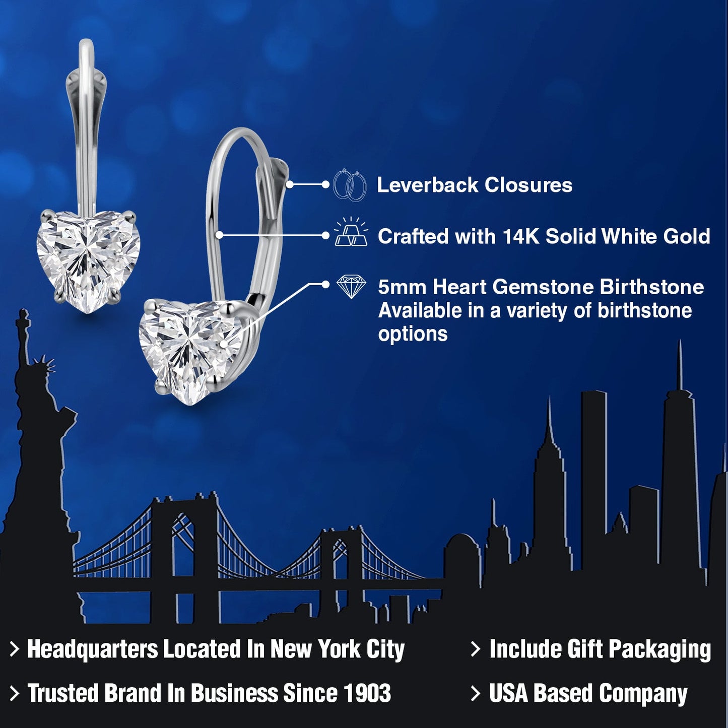 5MM Heart Shape Gemstone Birthstone Leverback Earrings for Women In 14K White Gold | Fine Jewelry Gifts for Her Mom Women Wife