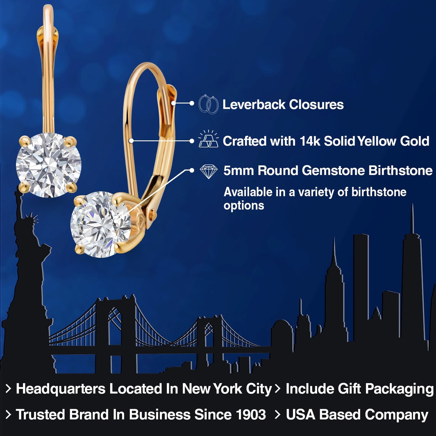 14K Yellow Gold 5MM Round Gemstone Birthstone Leverback Drop Dangle Earrings | Gold Earrings For Women | Fine Jewelry Gifts for Her Mom Women Wife