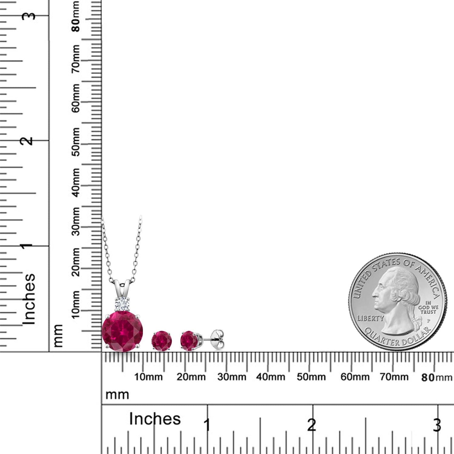 925 Sterling Silver Round Red Created Ruby and G-H Lab Grown Diamond Pendant and Earrings Jewelry Set For Women (5.37 Cttw, Gemstone Birthstone, with 18 Inch Chain)