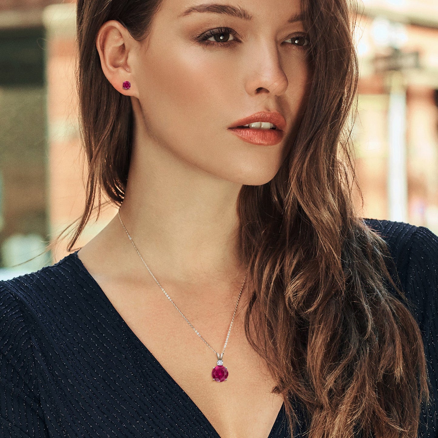 925 Sterling Silver Round Red Created Ruby and G-H Lab Grown Diamond Pendant and Earrings Jewelry Set For Women (5.37 Cttw, Gemstone Birthstone, with 18 Inch Chain)