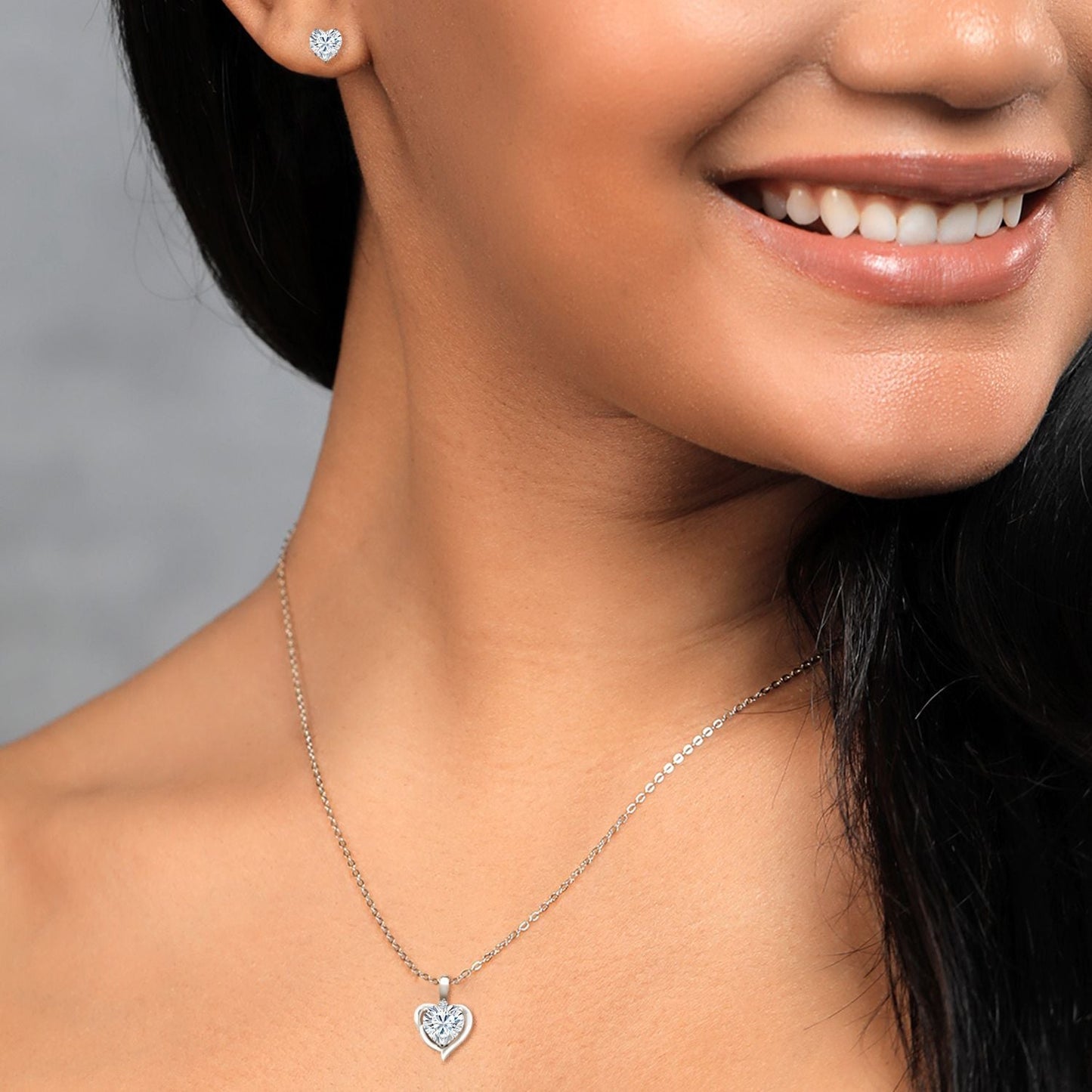 925 Sterling Silver White Moissanite and White Lab Grown Diamond Pendant Necklace Earrings Set For Women (3.42 Cttw, Heart Shape 8MM and 6MM, with 18 Inch Chain)