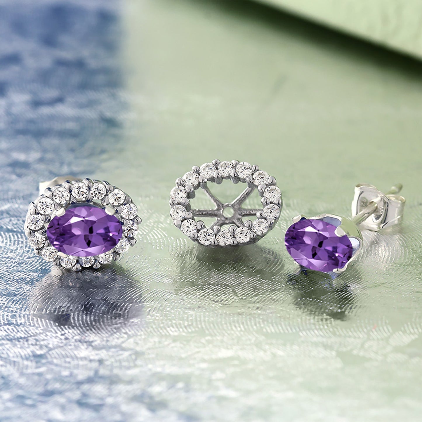 925 Sterling Silver Oval 6X4MM Gemstone Birthstone Removable Jacket Stud Halo Earrings For Women