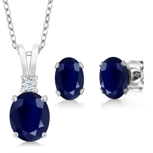 925 Sterling Silver Oval Blue Sapphire Pendant and Earrings Jewelry Set For Women (3.85 Cttw, Gemstone Birthstone, with 18 Inch Silver Chain)