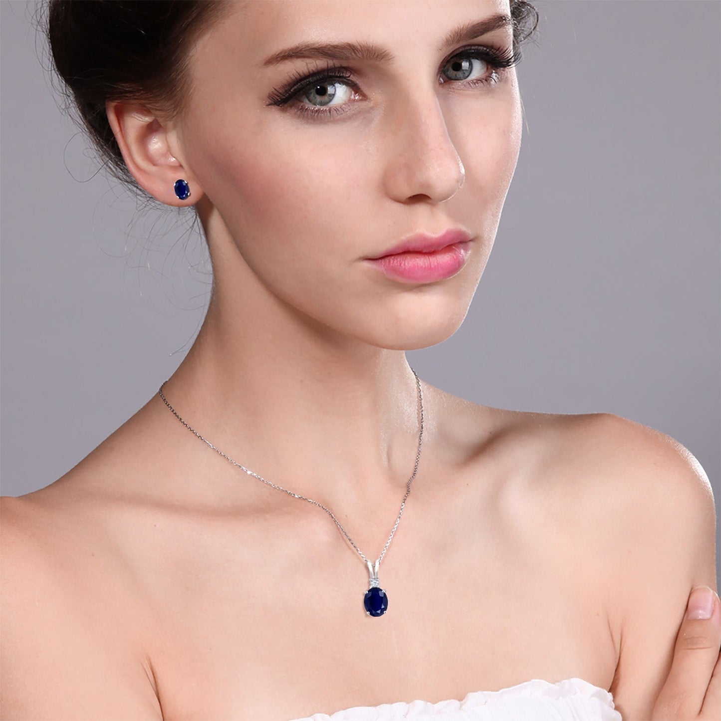 925 Sterling Silver Oval Blue Sapphire Pendant and Earrings Jewelry Set For Women (3.85 Cttw, Gemstone Birthstone, with 18 Inch Silver Chain)