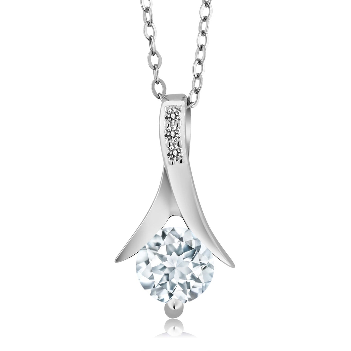 925 Sterling Silver Sky Blue Aquamarine and White Diamond Pendant Earrings Jewelry Set Gift Set For Women (2.30 Cttw, Round Cut with 18 Inch Silver Chain)