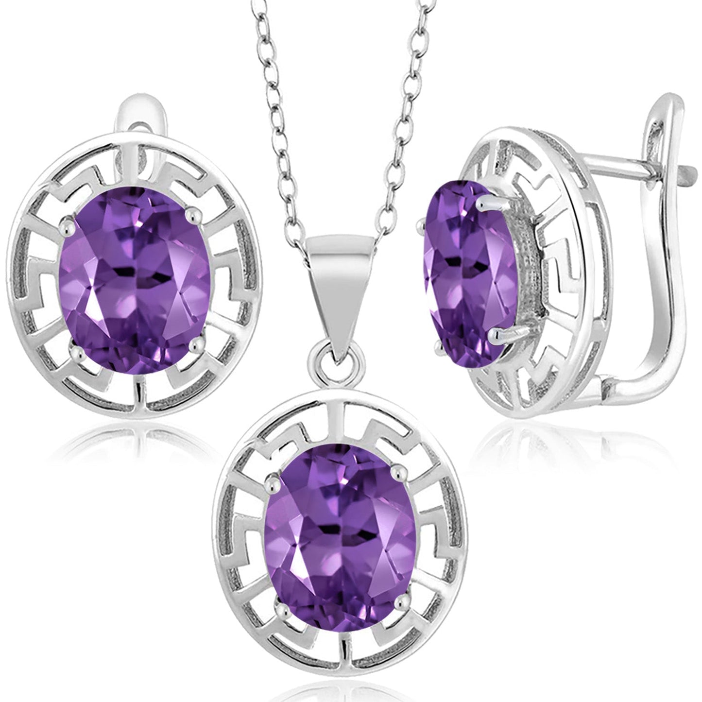 925 Sterling Silver 10X8MM Oval Gemstone Birthstone Greek Key Pendant and Earrings Jewelry Set For Women | With 18 Inch Silver Chain