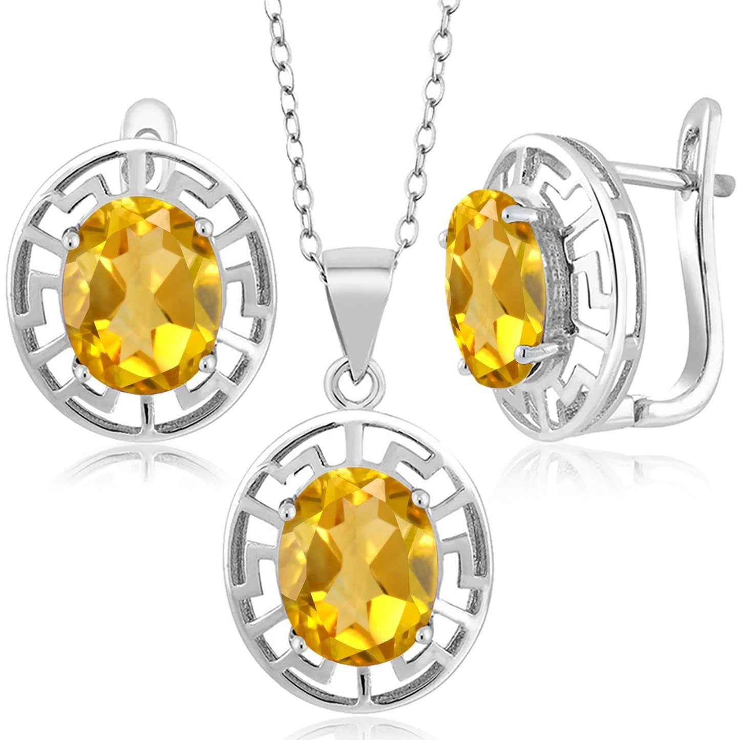 925 Sterling Silver 10X8MM Oval Gemstone Birthstone Greek Key Pendant and Earrings Jewelry Set For Women | With 18 Inch Silver Chain