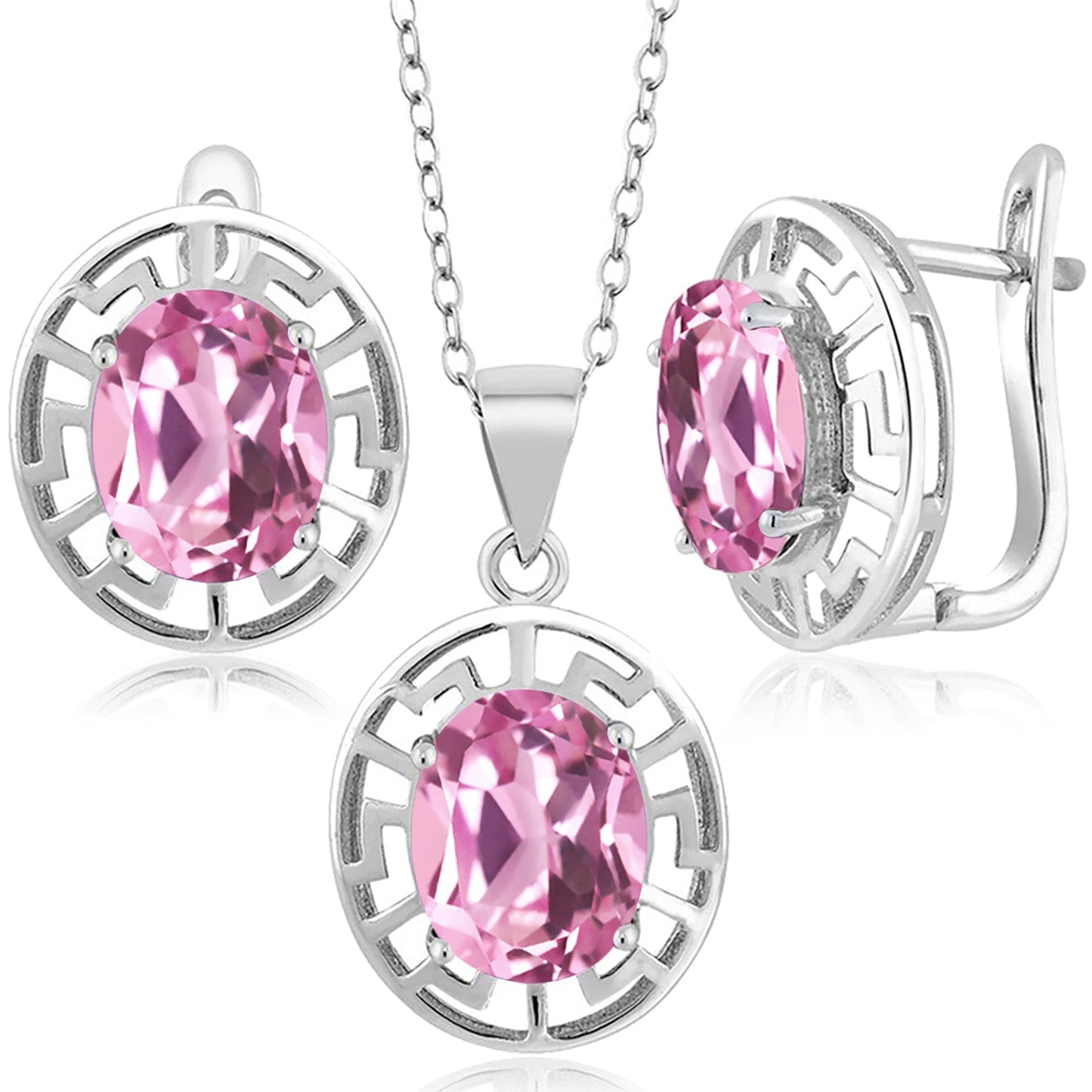 925 Sterling Silver 10X8MM Oval Gemstone Birthstone Greek Key Pendant and Earrings Jewelry Set For Women | With 18 Inch Silver Chain