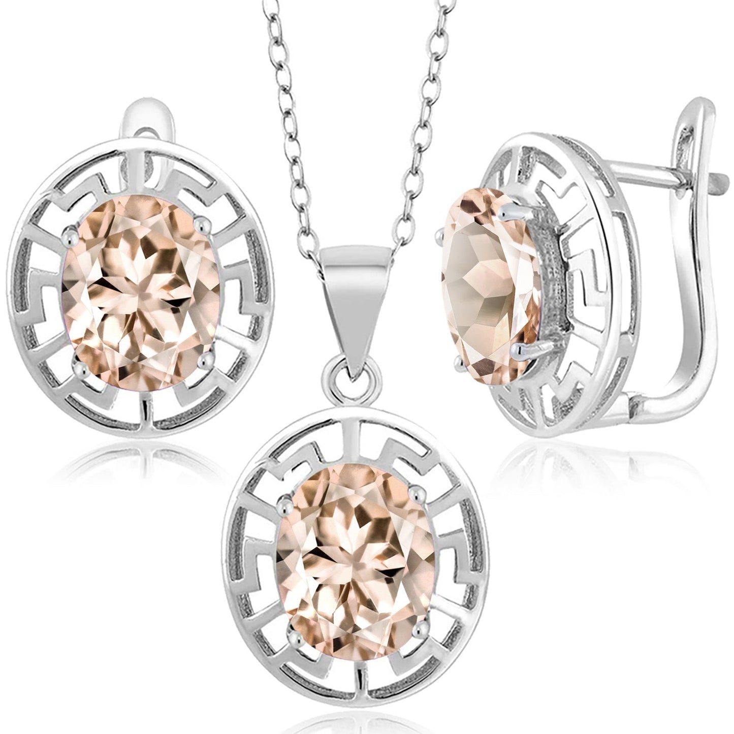 925 Sterling Silver 10X8MM Oval Gemstone Birthstone Greek Key Pendant and Earrings Jewelry Set For Women | With 18 Inch Silver Chain