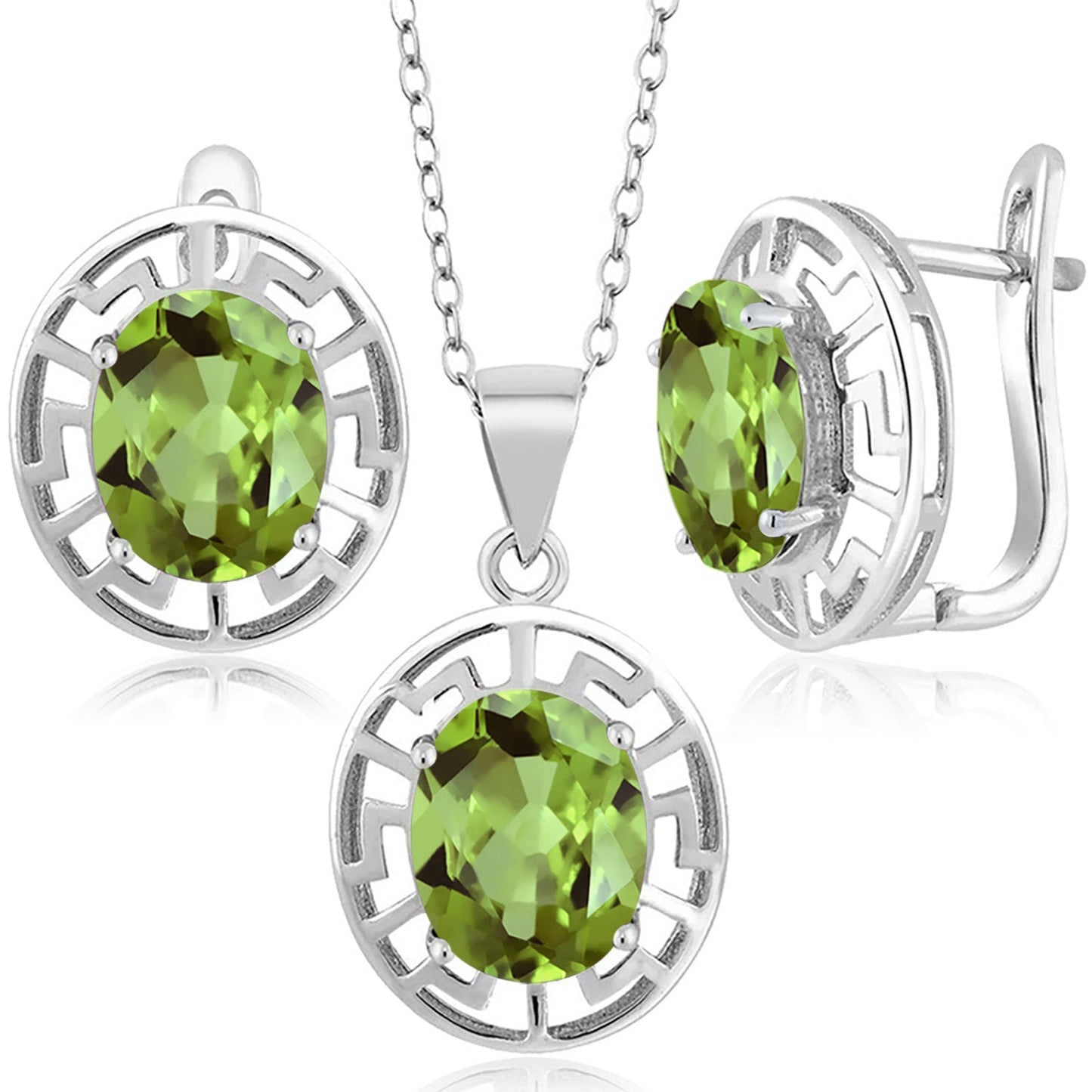 925 Sterling Silver 10X8MM Oval Gemstone Birthstone Greek Key Pendant and Earrings Jewelry Set For Women | With 18 Inch Silver Chain