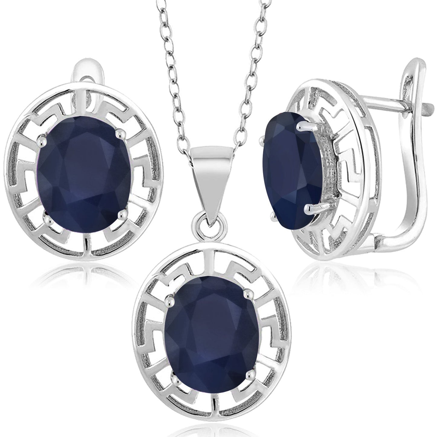 925 Sterling Silver 10X8MM Oval Gemstone Birthstone Greek Key Pendant and Earrings Jewelry Set For Women | With 18 Inch Silver Chain