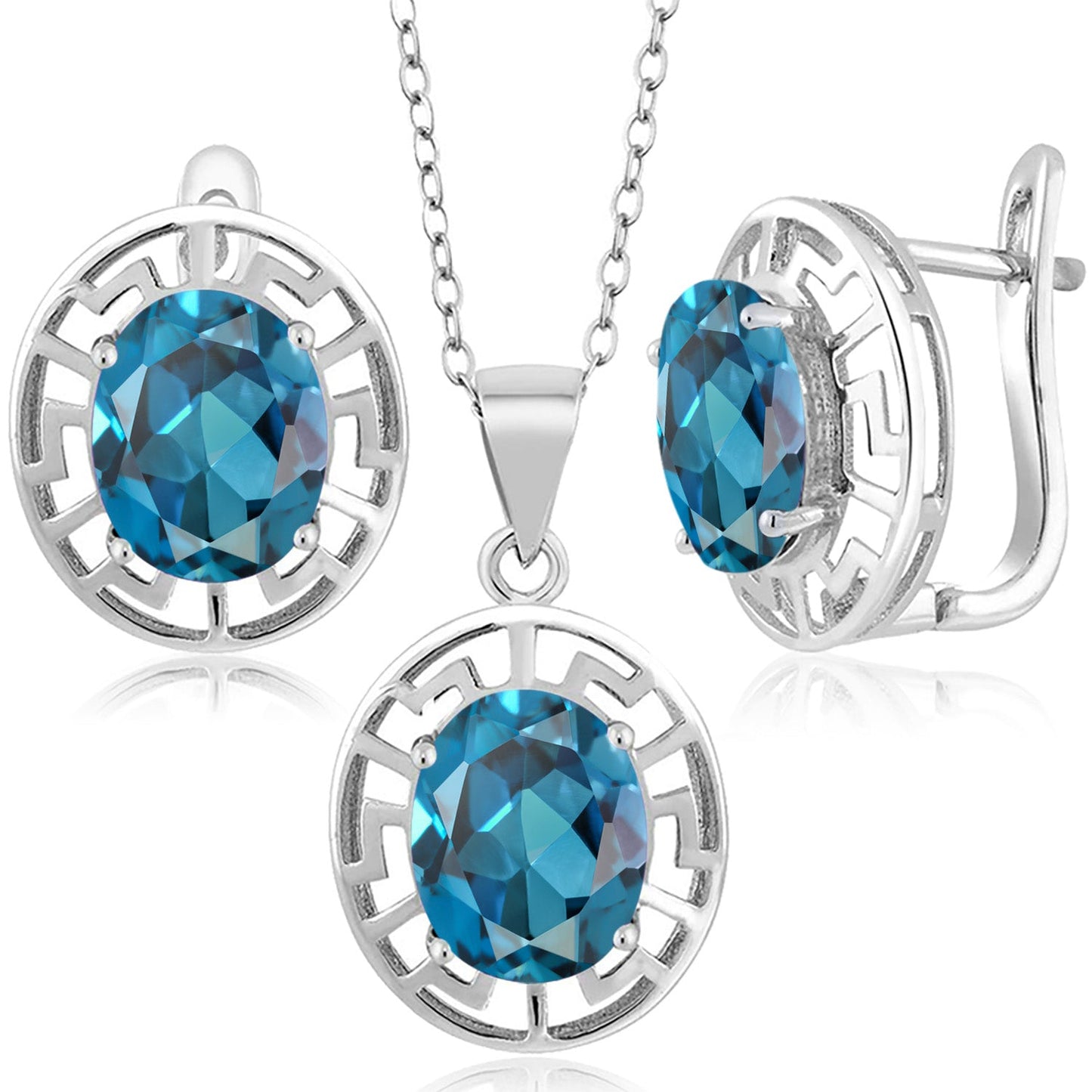 925 Sterling Silver 10X8MM Oval Gemstone Birthstone Greek Key Pendant and Earrings Jewelry Set For Women | With 18 Inch Silver Chain