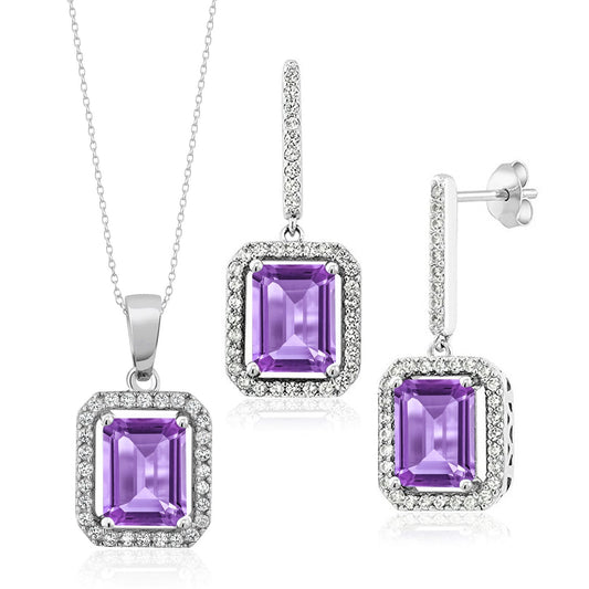 7-11 Cttw Gemstone Birthstone Pendant and Earrings Jewelry Set For Women | 925 Sterling Silver | Emerald Cut 9X7MM | With 18 Inch Chain | Fine Jewelry Gifts for Her Mom Women Wife