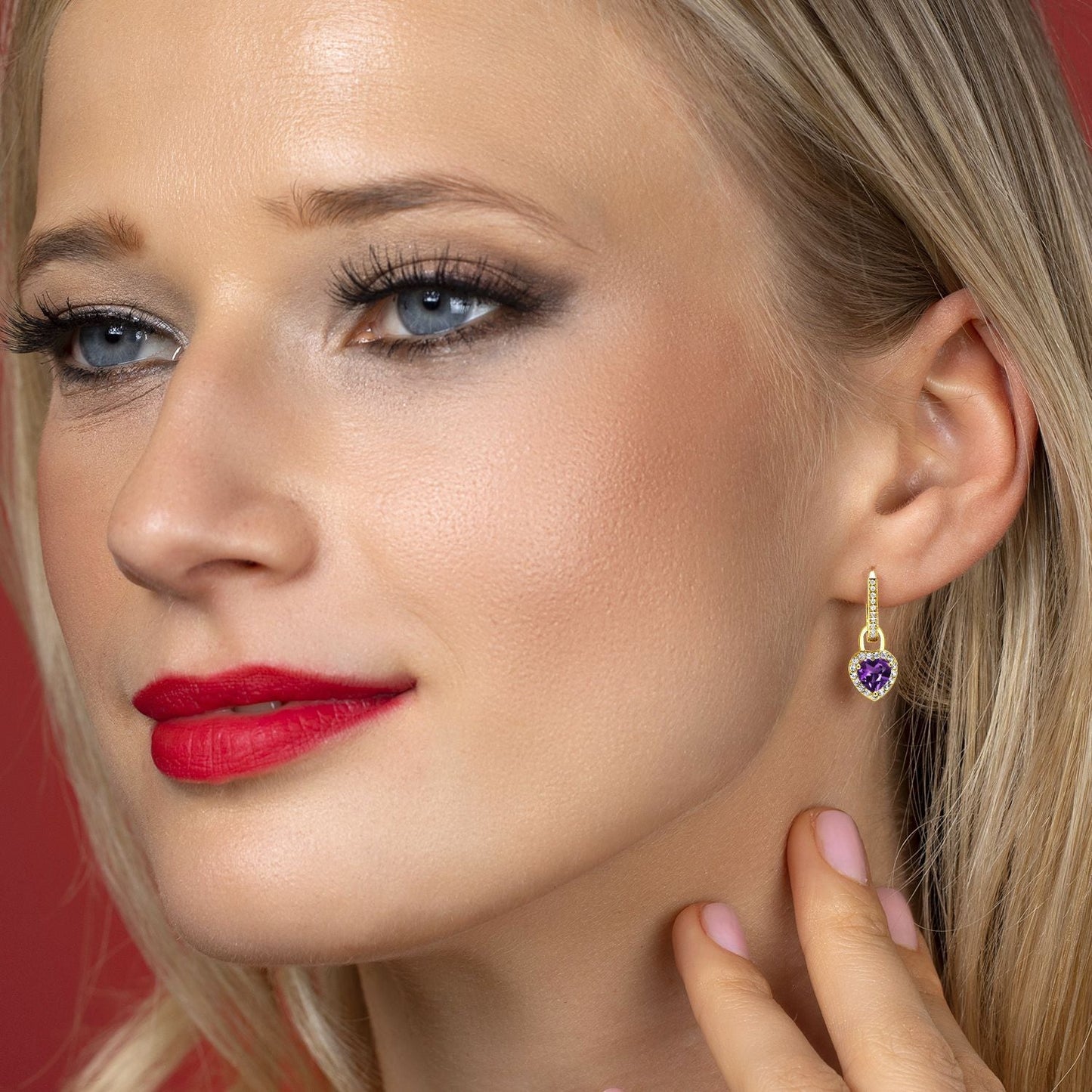 18K Yellow Gold Plated Silver Heart Gemstone Birthstone and White Created Sapphire Earrings | Heart Shape 6MM | Drop Dangle Earrings for Women