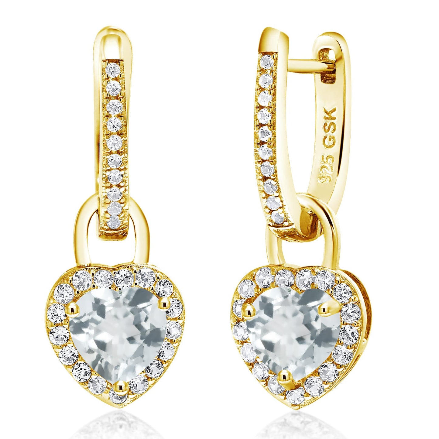 18K Yellow Gold Plated Silver Heart Gemstone Birthstone and White Created Sapphire Earrings | Heart Shape 6MM | Drop Dangle Earrings for Women