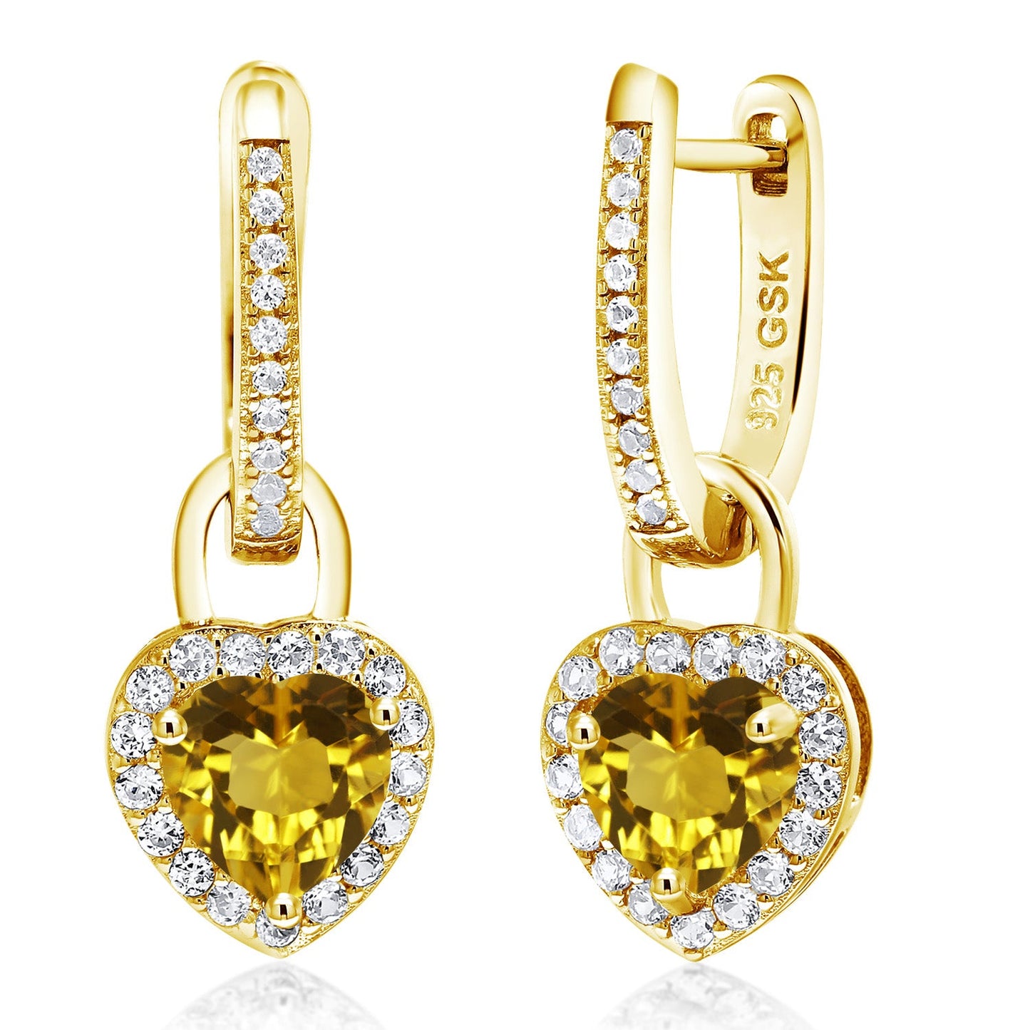 18K Yellow Gold Plated Silver Heart Gemstone Birthstone and White Created Sapphire Earrings | Heart Shape 6MM | Drop Dangle Earrings for Women