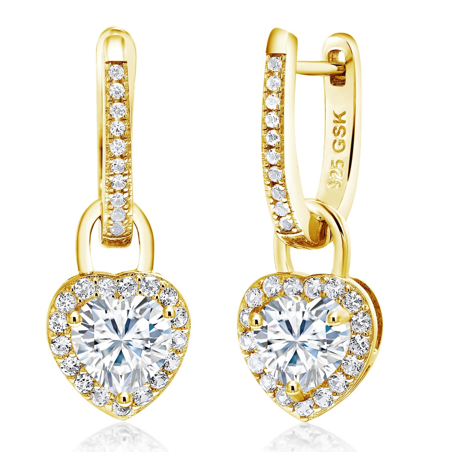 18K Yellow Gold Plated Silver Heart Gemstone Birthstone and White Created Sapphire Earrings | Heart Shape 6MM | Drop Dangle Earrings for Women