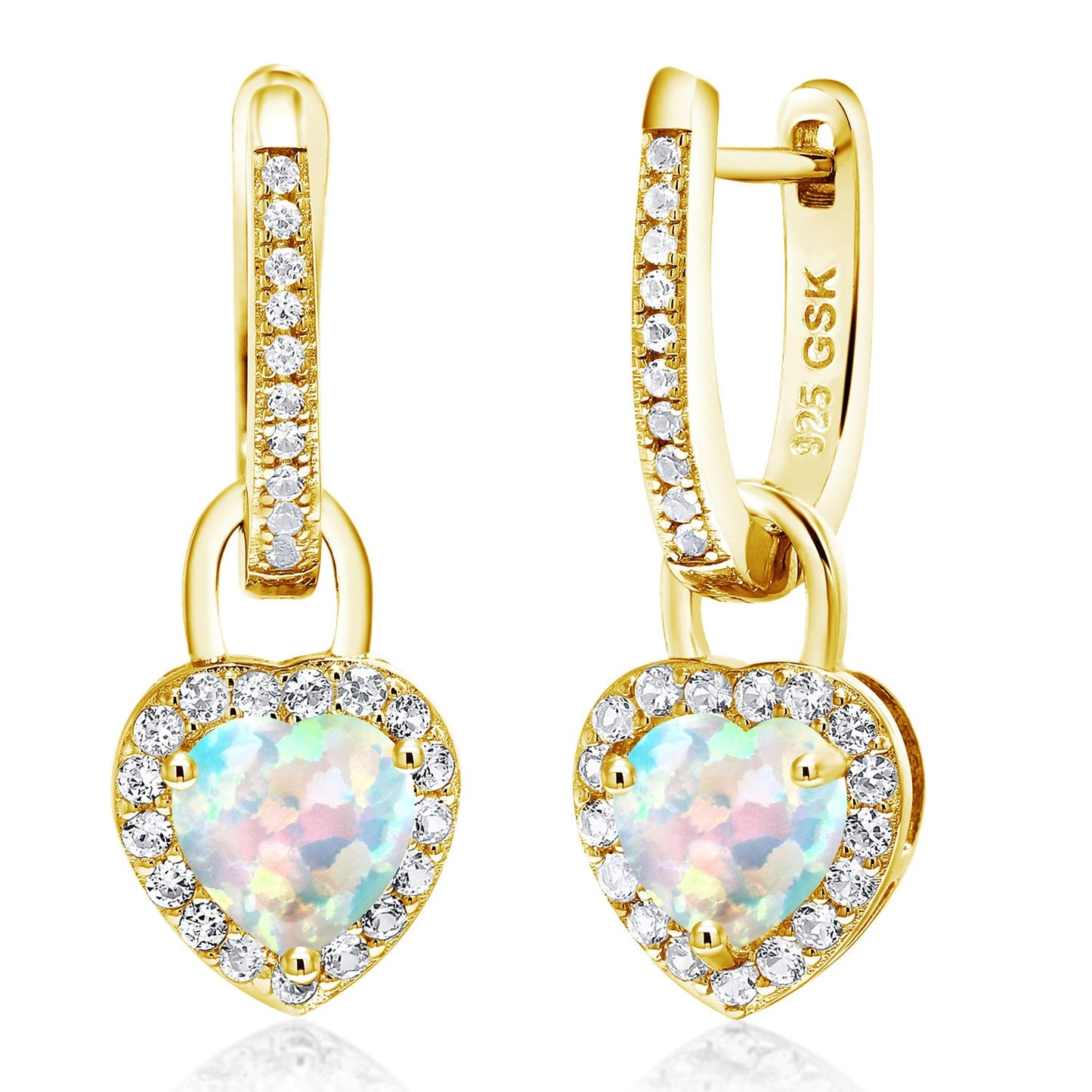 18K Yellow Gold Plated Silver Heart Gemstone Birthstone and White Created Sapphire Earrings | Heart Shape 6MM | Drop Dangle Earrings for Women