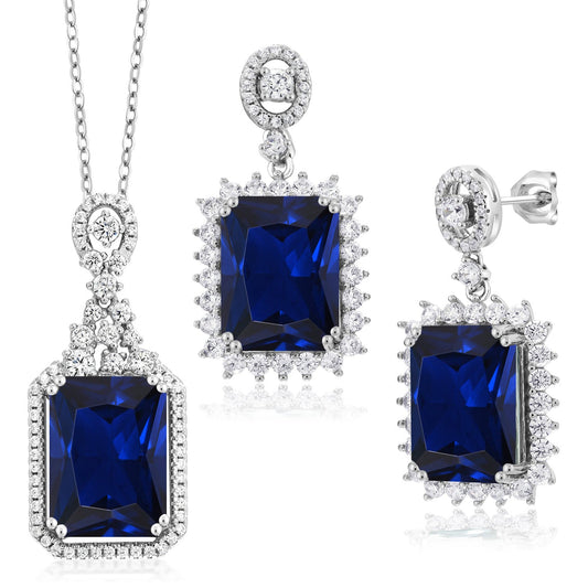31.10 Cttw Blue Created Sapphire Pendant and Earrings Jewelry Set For Women In 925 Sterling Silver | Emerald Cut 14X10MM | With 18 Inch Chain