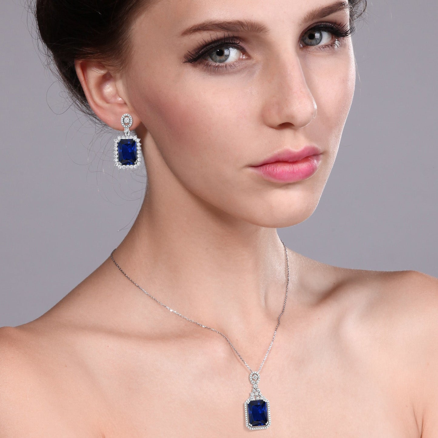 31.10 Cttw Blue Created Sapphire Pendant and Earrings Jewelry Set For Women In 925 Sterling Silver | Emerald Cut 14X10MM | With 18 Inch Chain