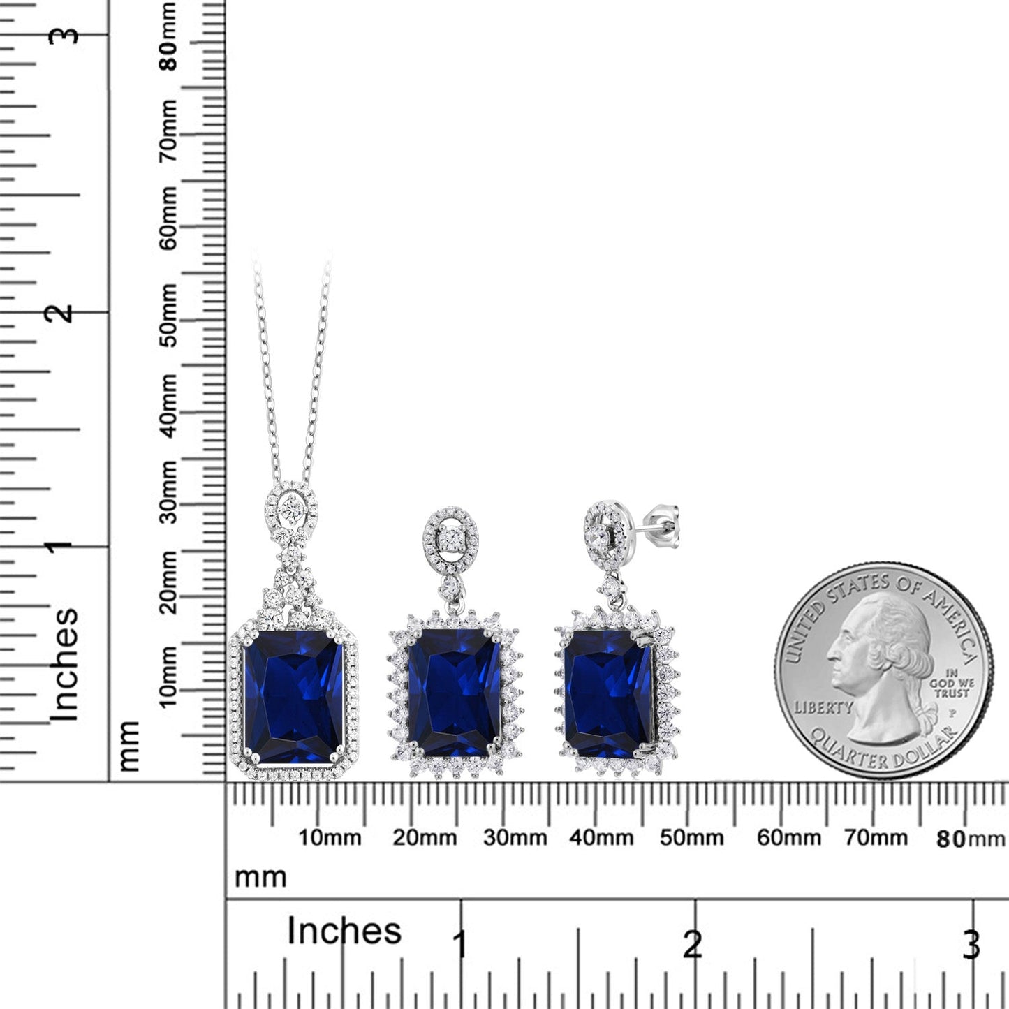 31.10 Cttw Blue Created Sapphire Pendant and Earrings Jewelry Set For Women In 925 Sterling Silver | Emerald Cut 14X10MM | With 18 Inch Chain