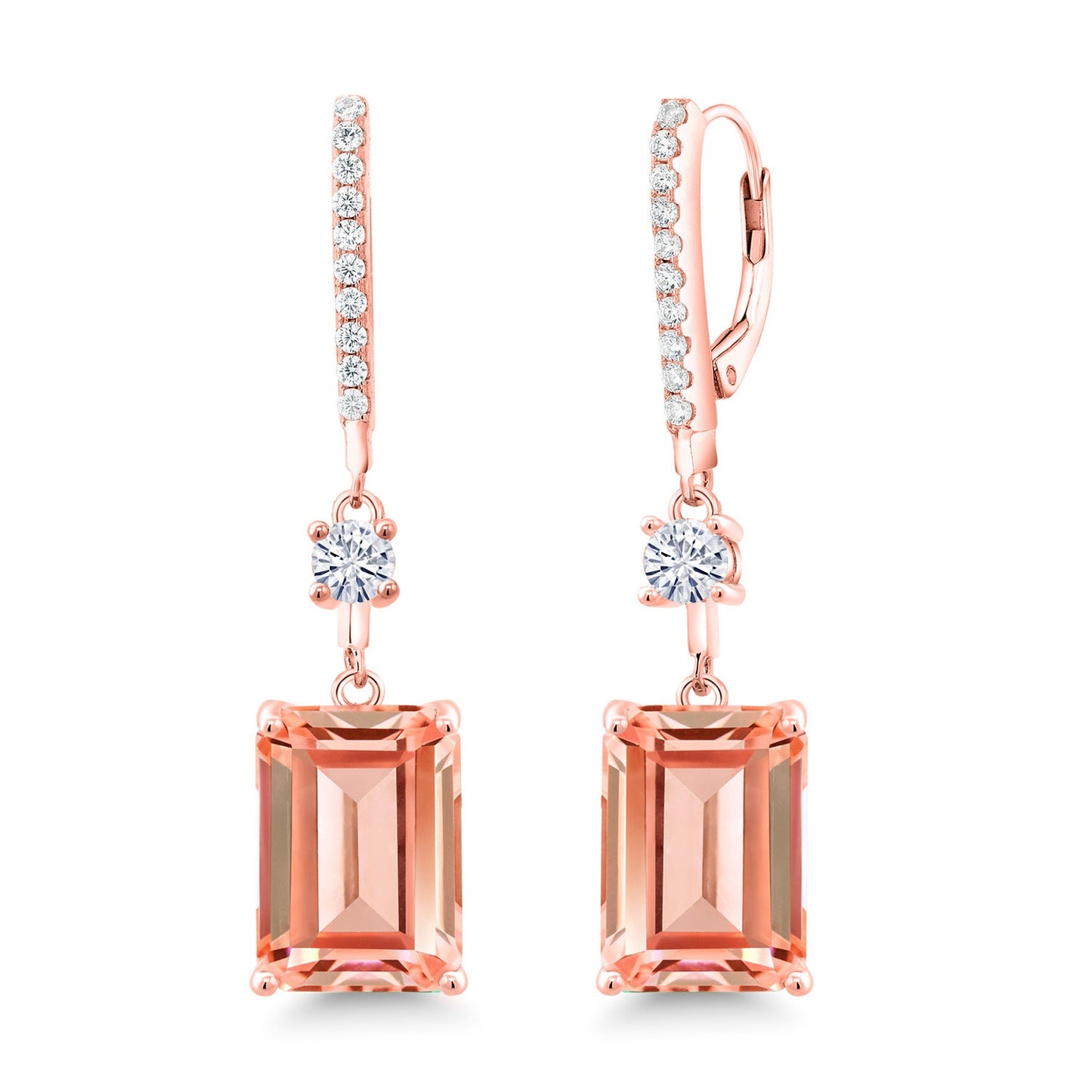 18K Rose Gold Plated Silver Emerald Cut Peach Nano Morganite and White Moissanite Dangle Earrings For Women | 13.36 Cttw | Emerald Cut 14X10MM